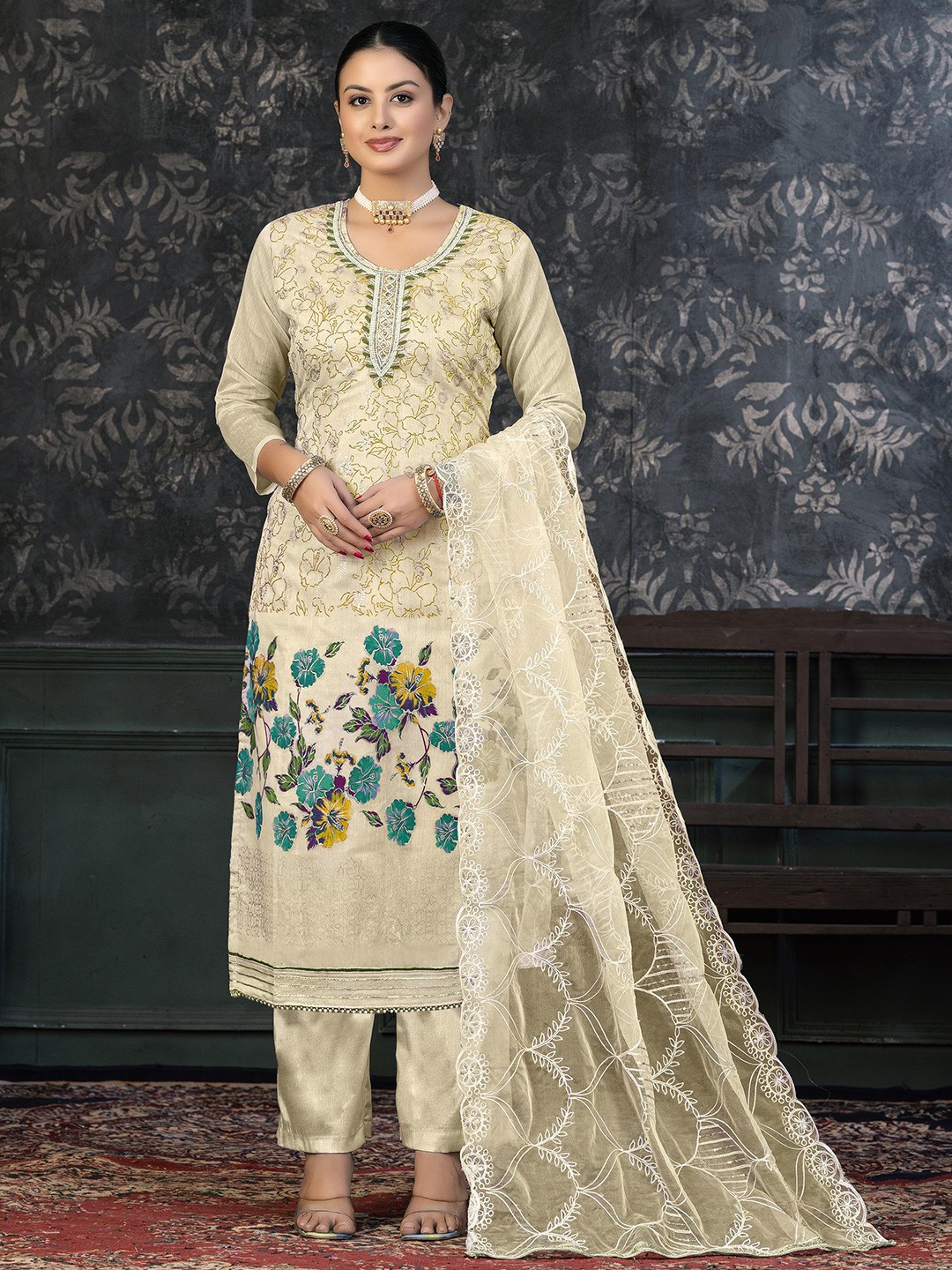 

SHADOW & SAINING Floral Printed Beaded Semi-Stitched Dress Material, Beige