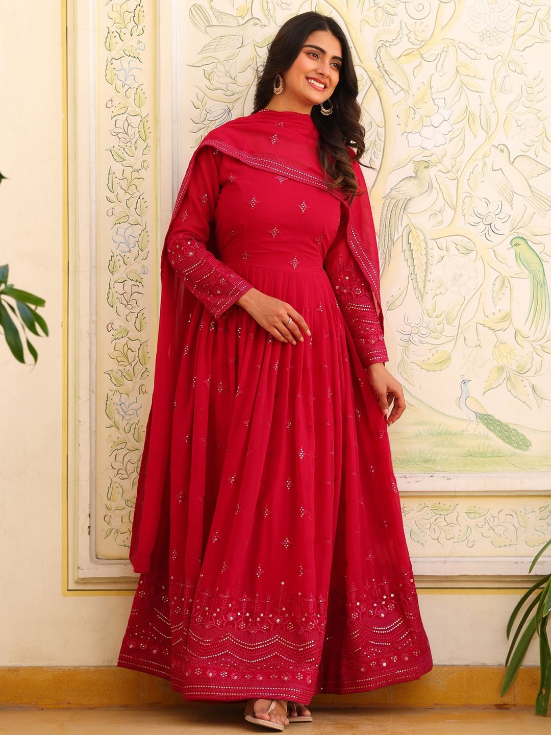 

KALINI Floral Embroidered Thread Work Anarkali Kurta With Pyjamas And Dupatta, Pink