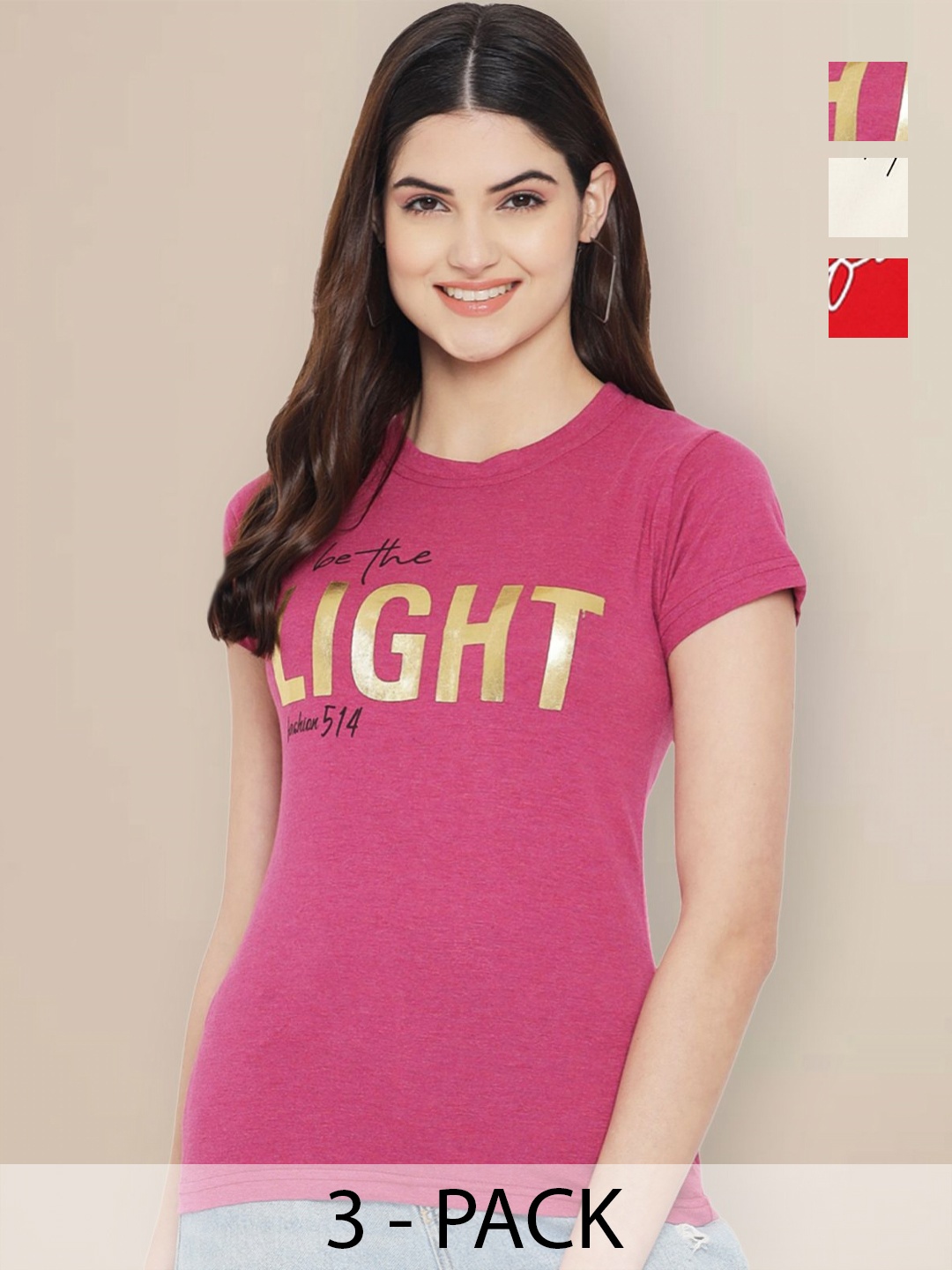 

GLOBAL NOMAD Women Pack of 3 Typography Printed Round Neck Cotton T-shirts, Pink