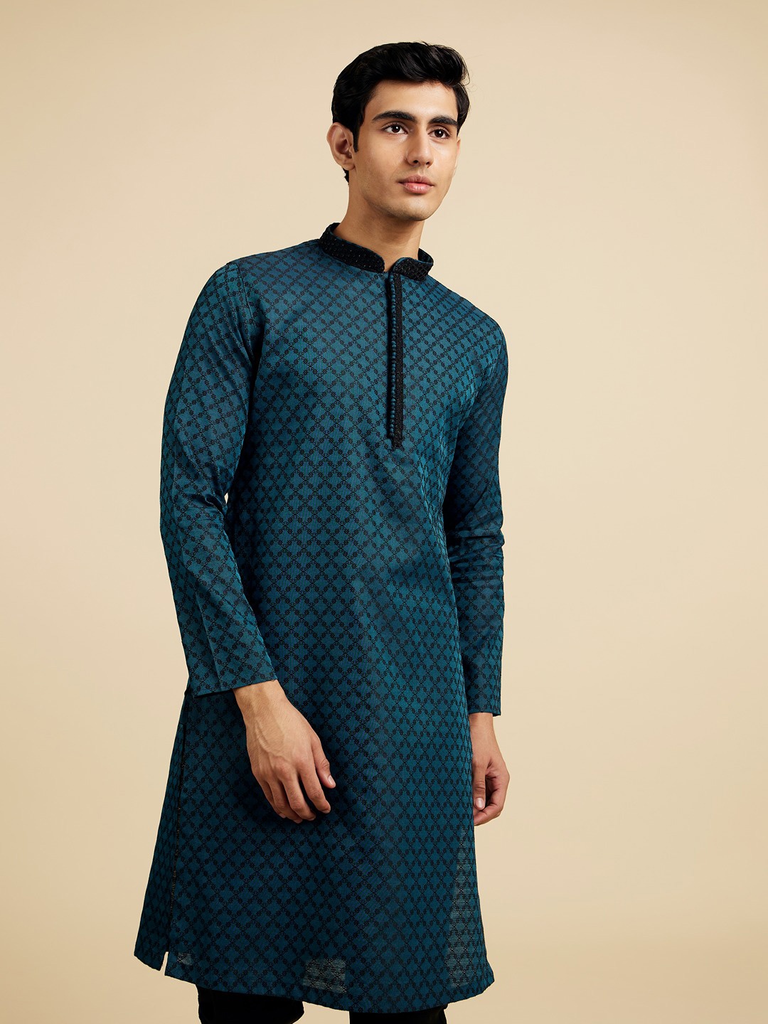 

Diwas by Manyavar Woven Design Mandarin Collar Kurta, Teal