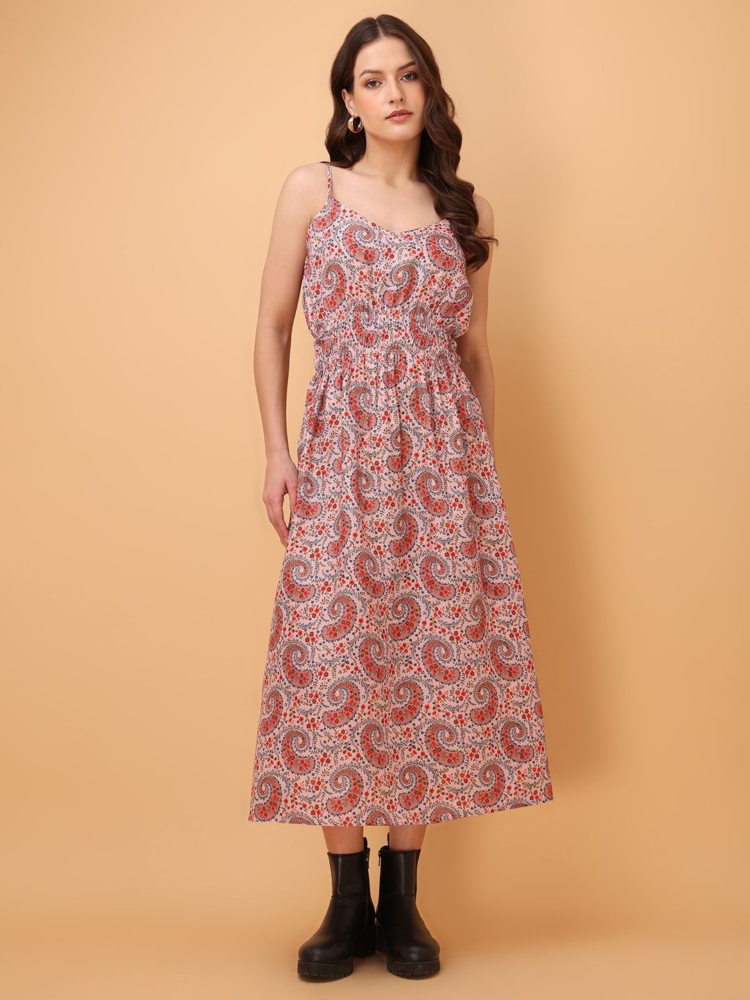 

OBSHIVKA Print Fit & Flare Midi Dress, Peach