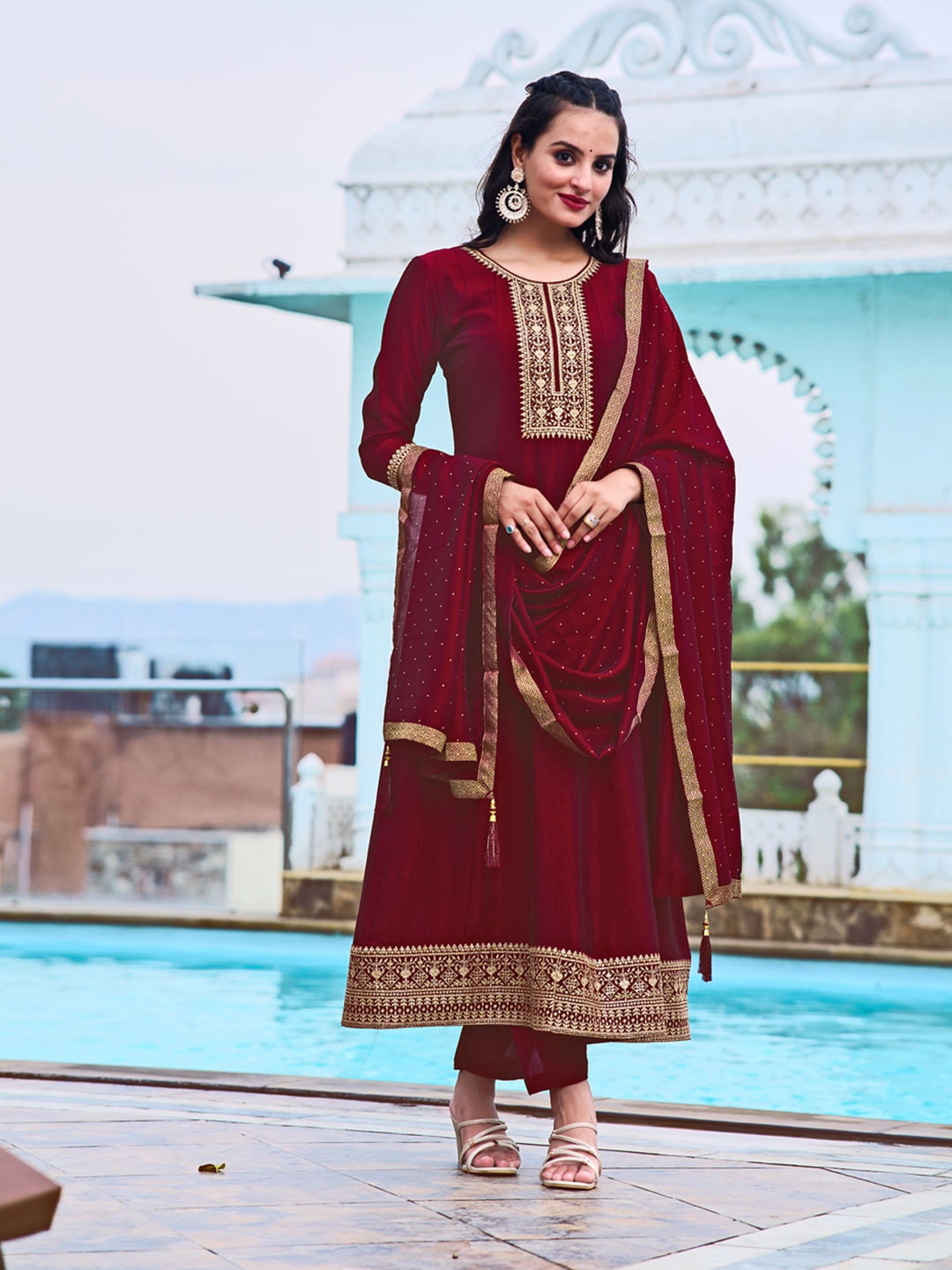 

Berrylicious Embroidered Sequinned Straight Kurta with Trousers & Dupatta, Maroon