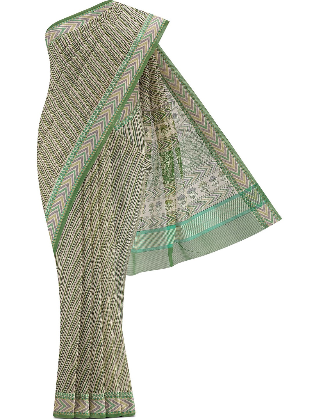 

Nalli Striped Saree with Blouse Piece, Green