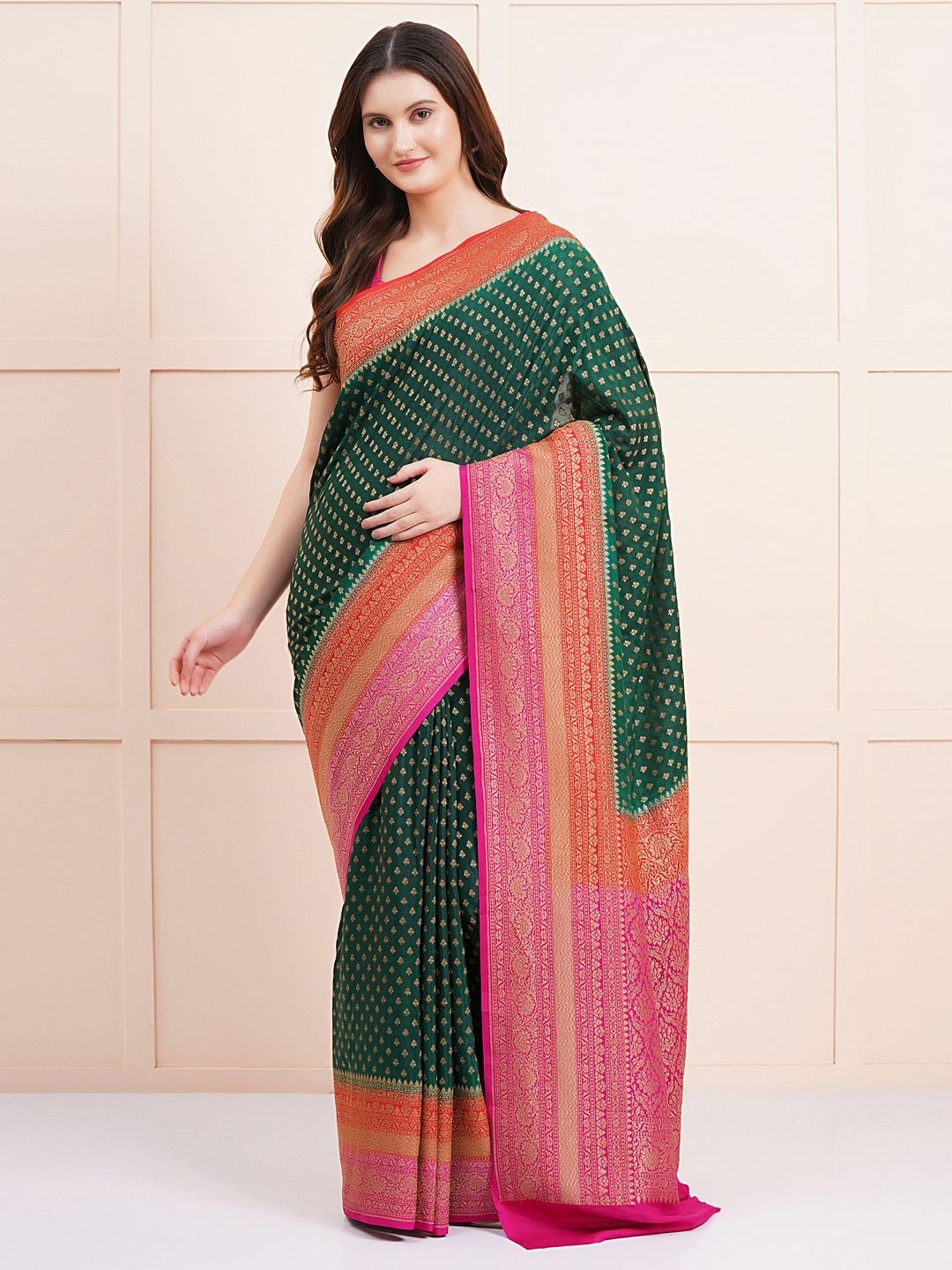 

SANJAR CREATION Ethnic Motifs Zari Banarasi Saree, Green