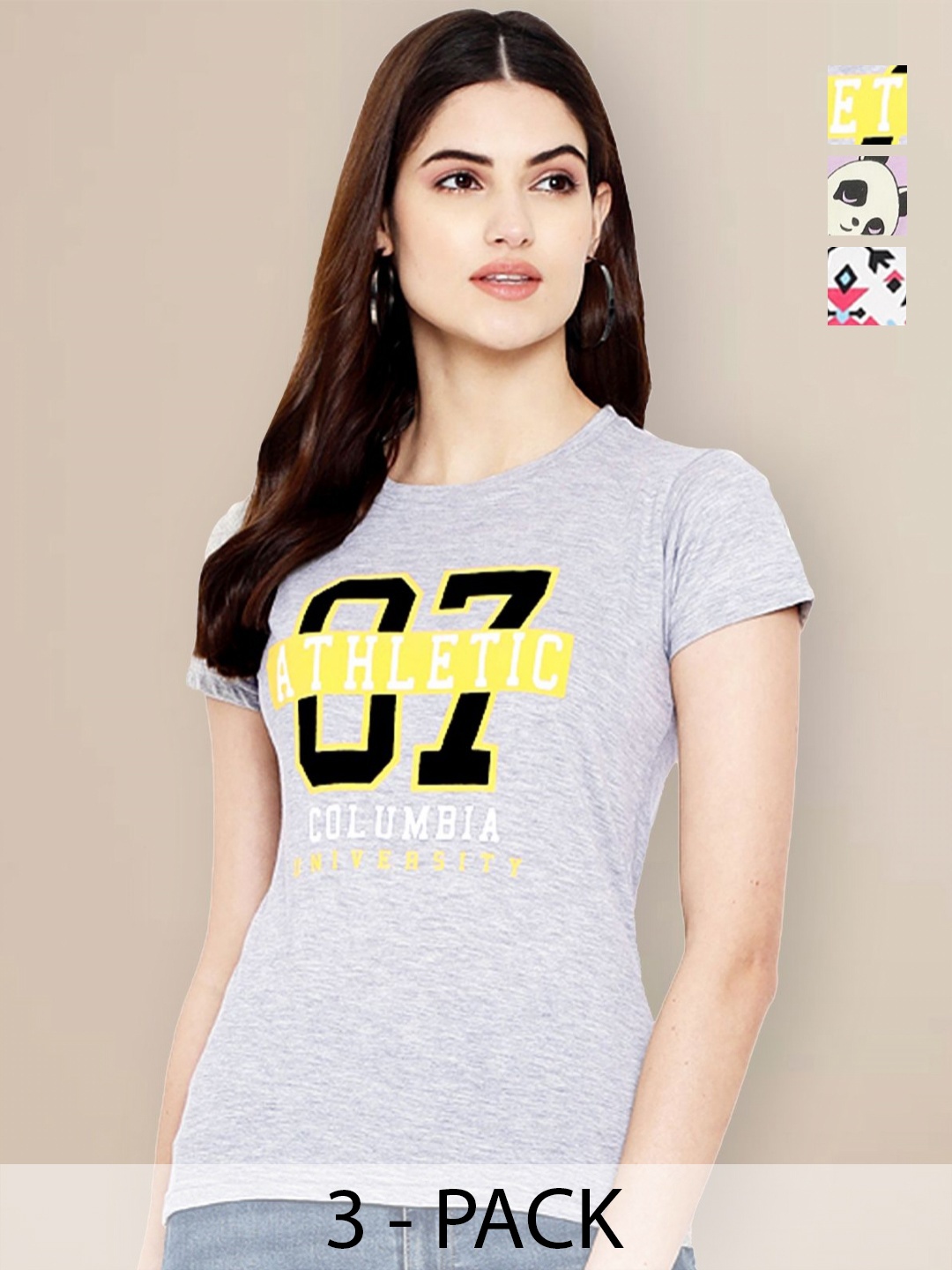 

GLOBAL NOMAD Women Pack of 3 Typography Printed Round Neck Cotton T-shirts, White