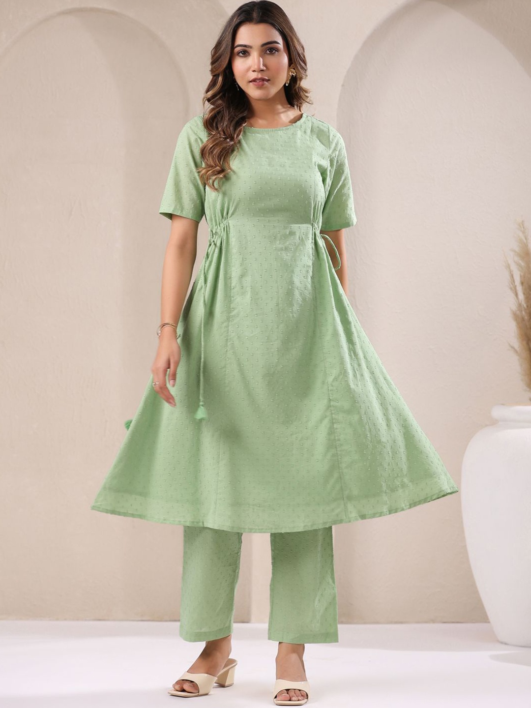 

Janasya Self Design Dobby Pure Cotton A Line Kurta With Trousers, Green
