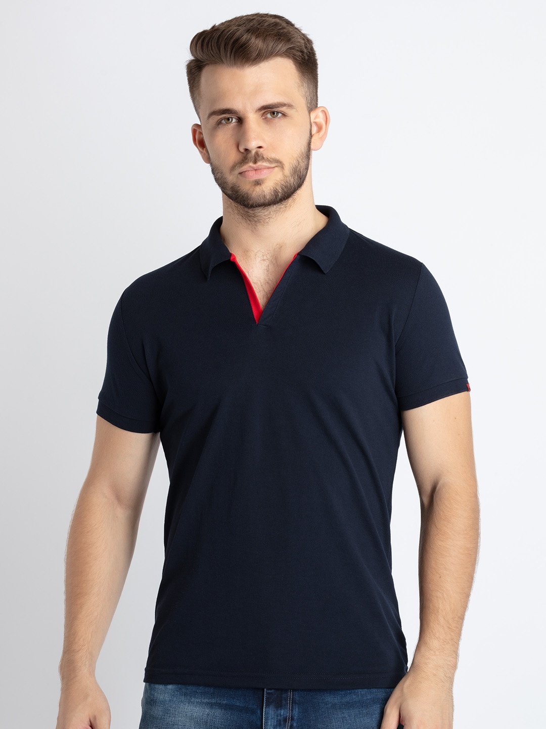 

Status Quo Men Navy Blue Polo Collar T-shirt