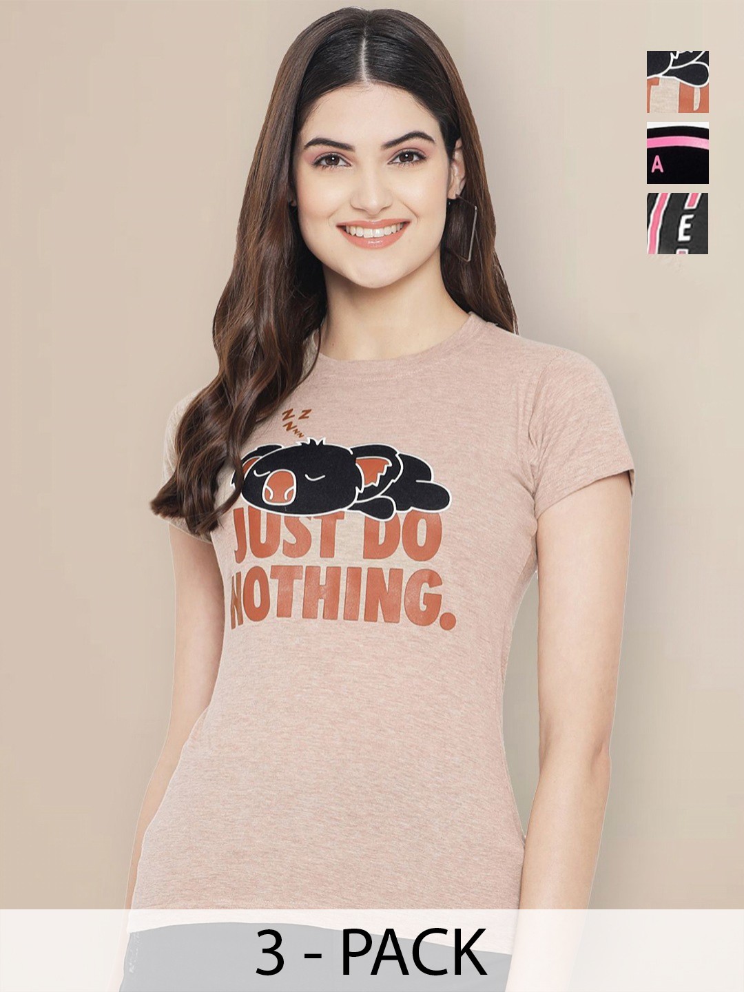 

GLOBAL NOMAD Women Pack of 3 Typography Printed Round Neck Cotton T-shirts, Beige