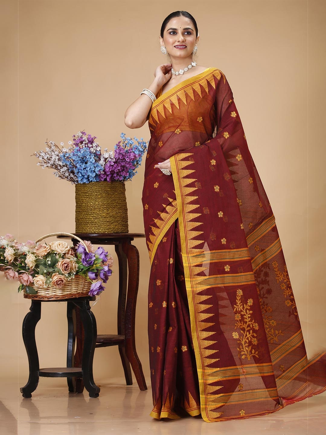 

SLAGHA Woven Design Zari Pure Cotton Taant Saree, Maroon