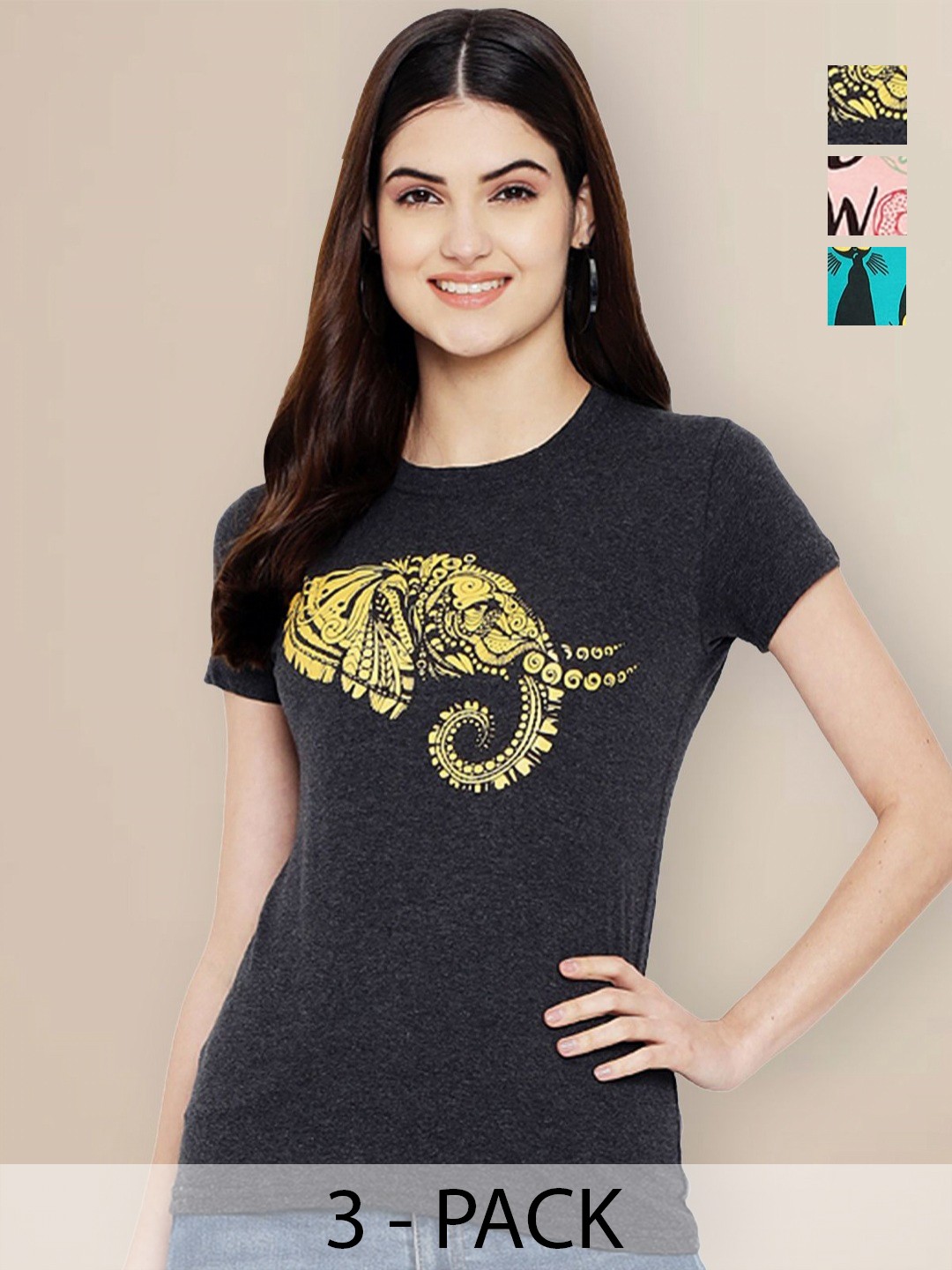 

GLOBAL NOMAD Women Pack of 3 Graphic Printed Round Neck Cotton T-shirts, Charcoal