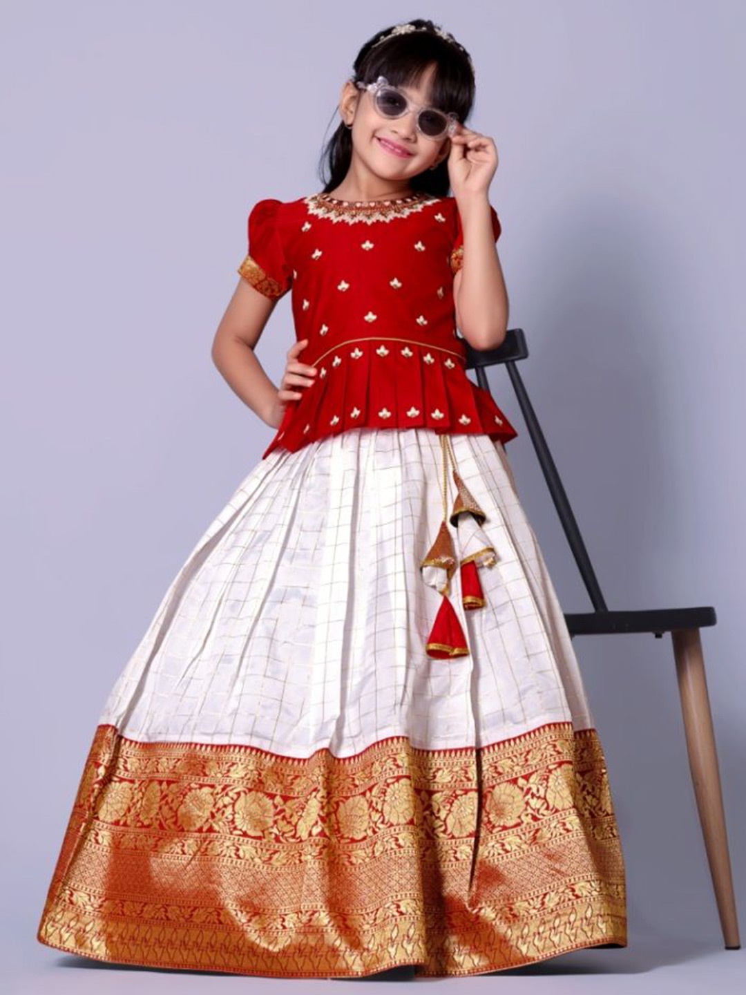 

BAESD Girls Embroidered Thread Work Ready To Wear Jacquard Lehenga & Choli, Red