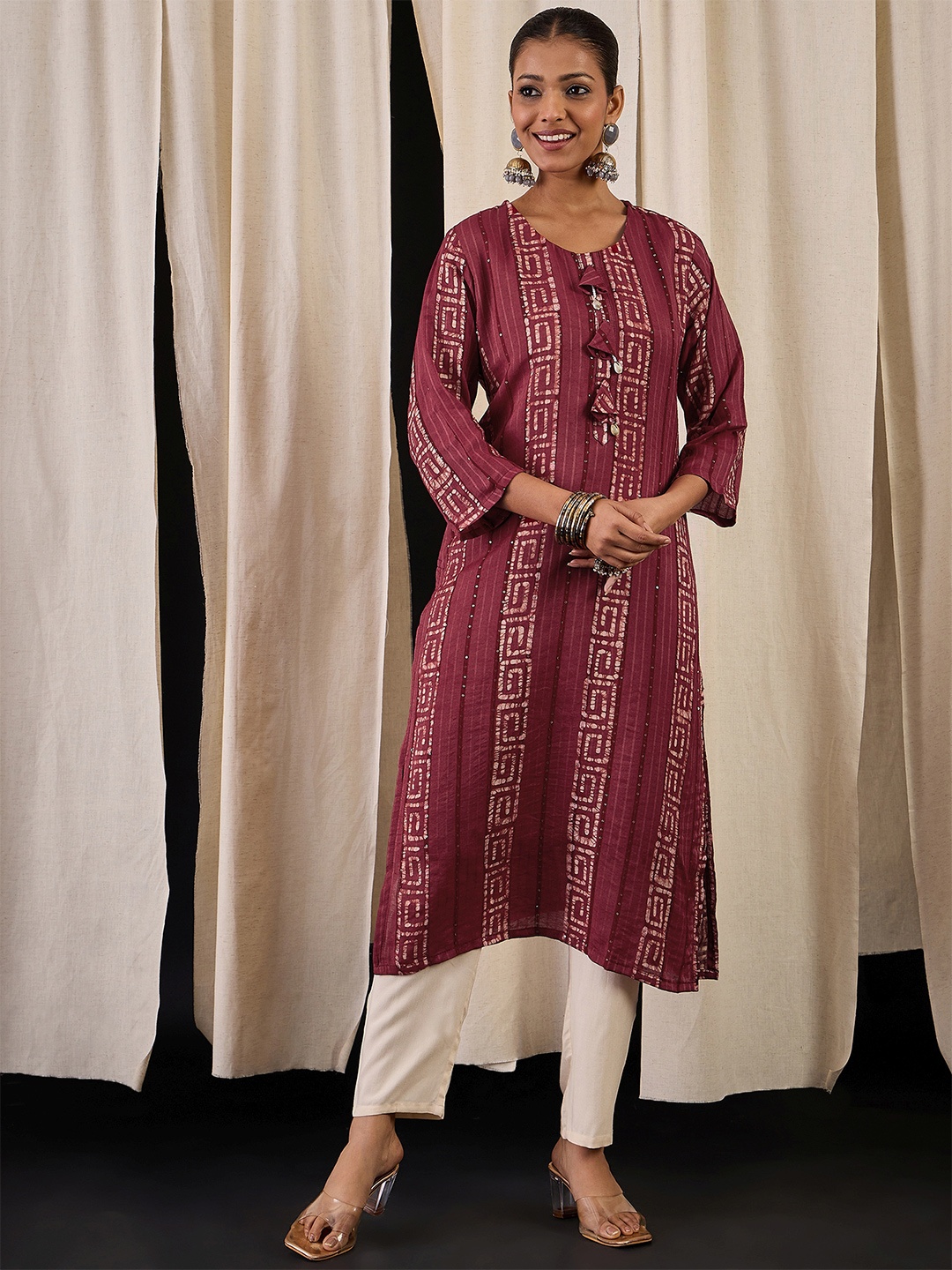 

Anouk Geometric Printed Sequinned Chanderi Silk Straight Kurta, Pink