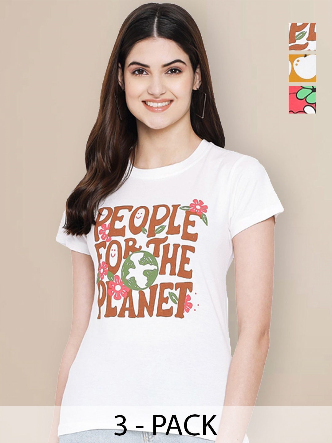 

GLOBAL NOMAD Women Pack of 3 Typography Printed Round Neck Cotton T-shirts, White