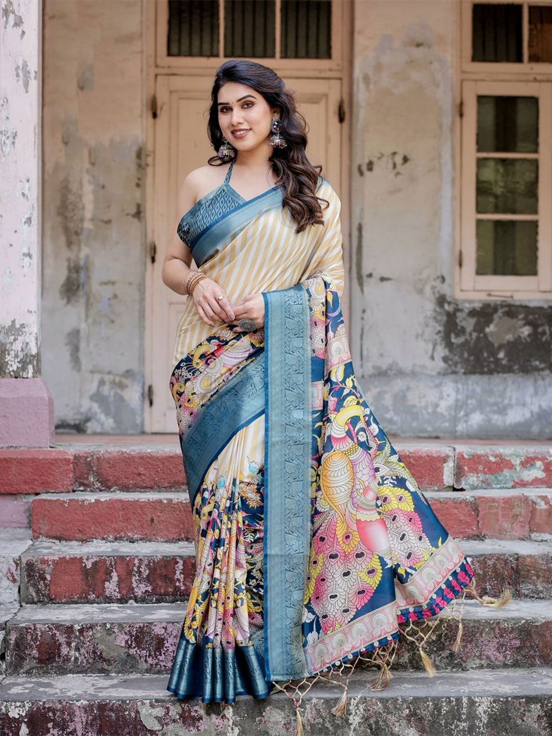 

ALMAARI FASHION Ethnic Motifs Printed Woven Design Zari Pure Silk Jamdani Saree, Blue
