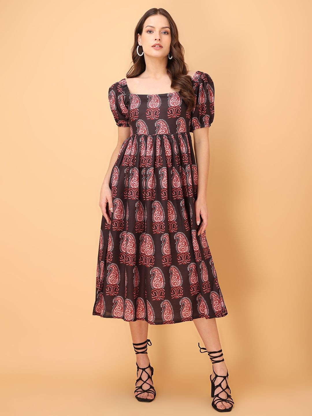 

OBSHIVKA Print Puff Sleeve Fit & Flare Maxi Dress, Black