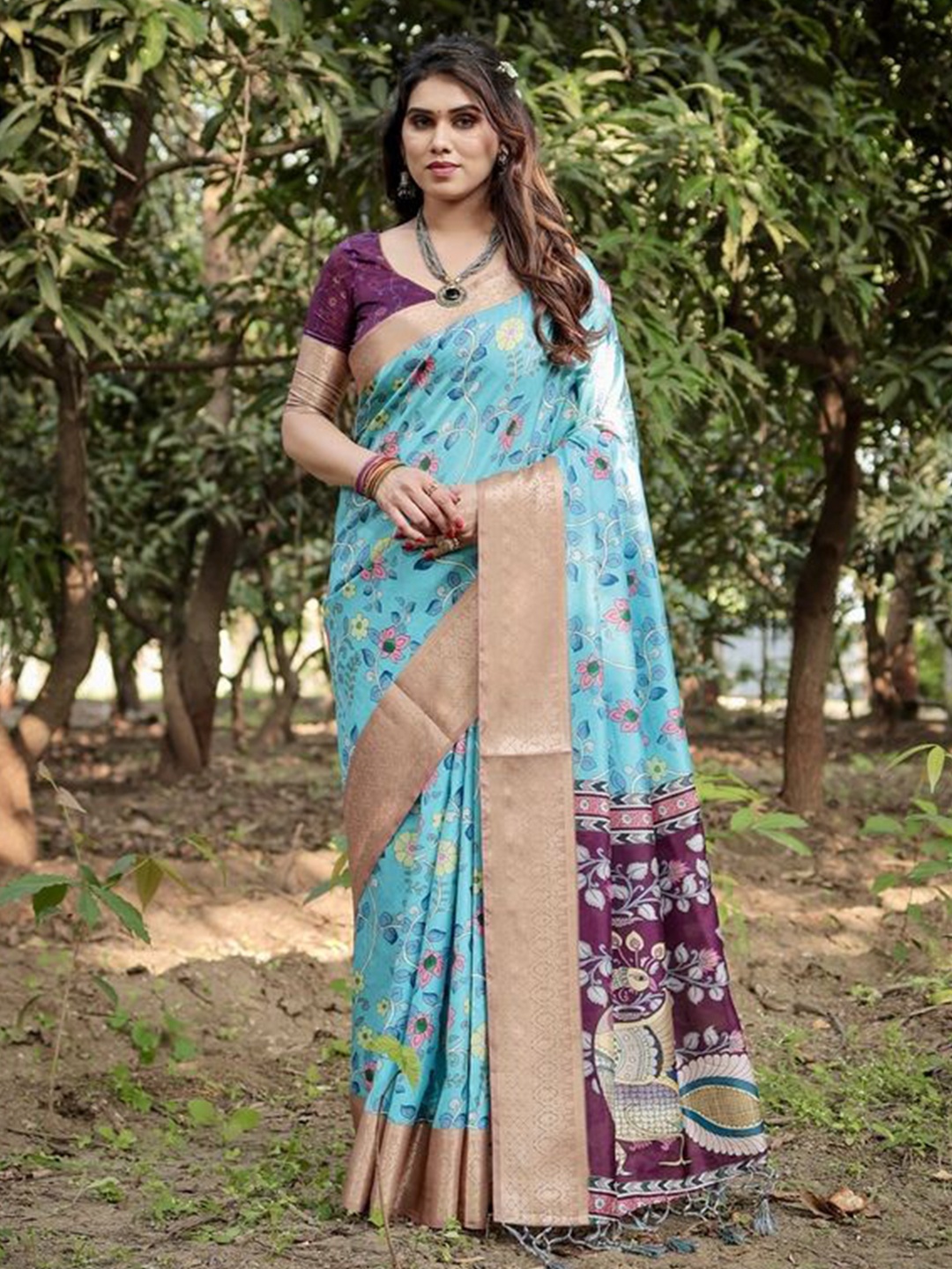 

ALMAARI FASHION Ethnic Motifs Printed Zari Pure Silk Kanjeevaram Saree, Blue