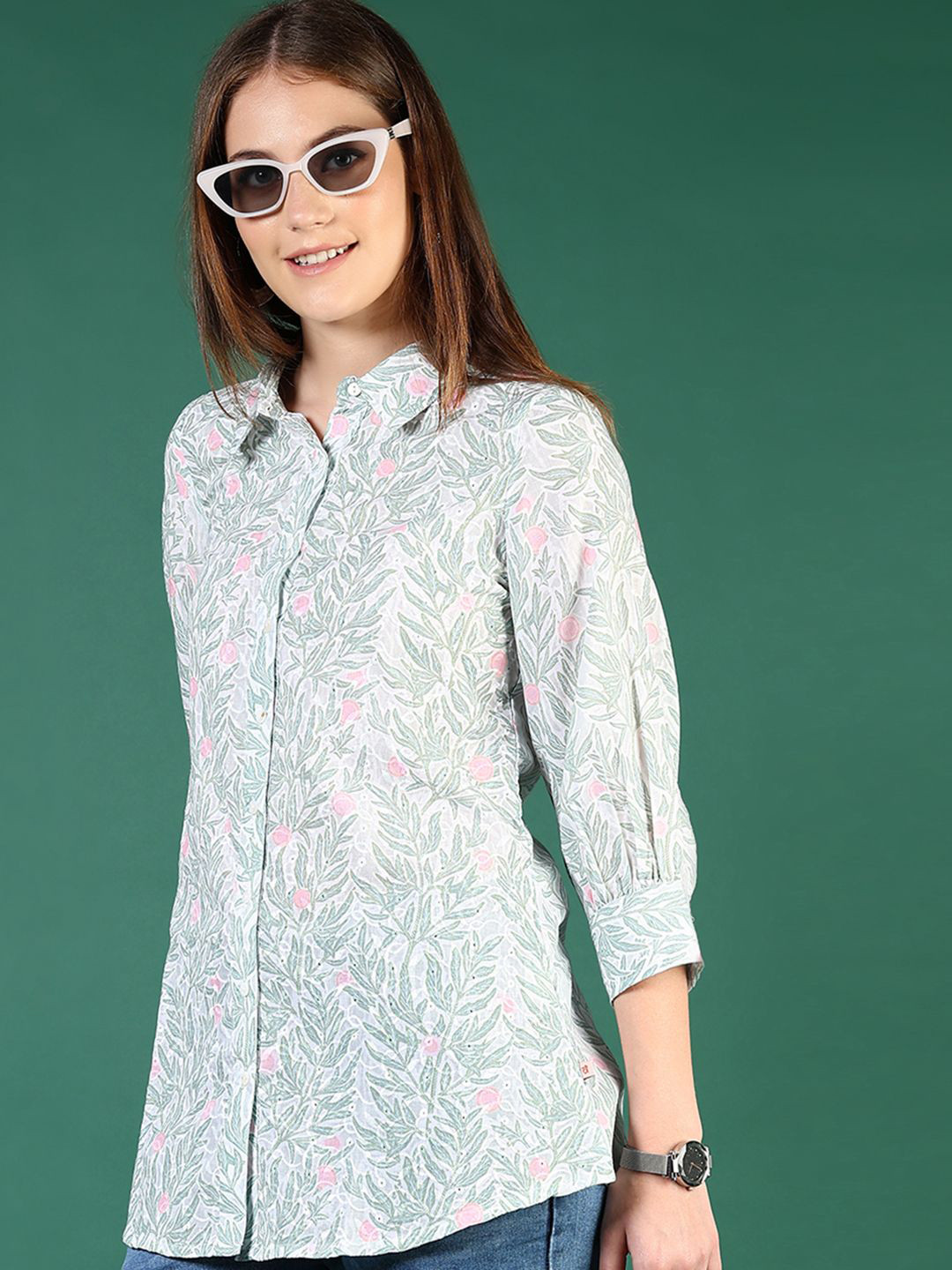 

V-Mart Floral Print Cotton Top, Green