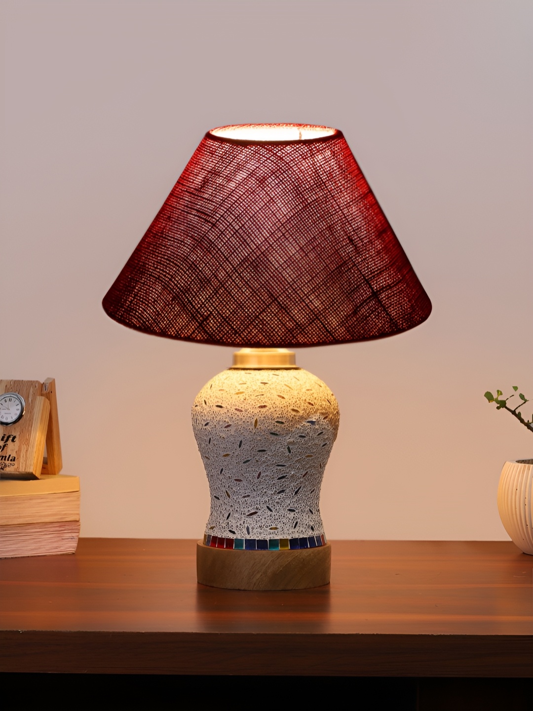 

Devansh Maroon Textured Frustum Shaped Wooden Table Lamp