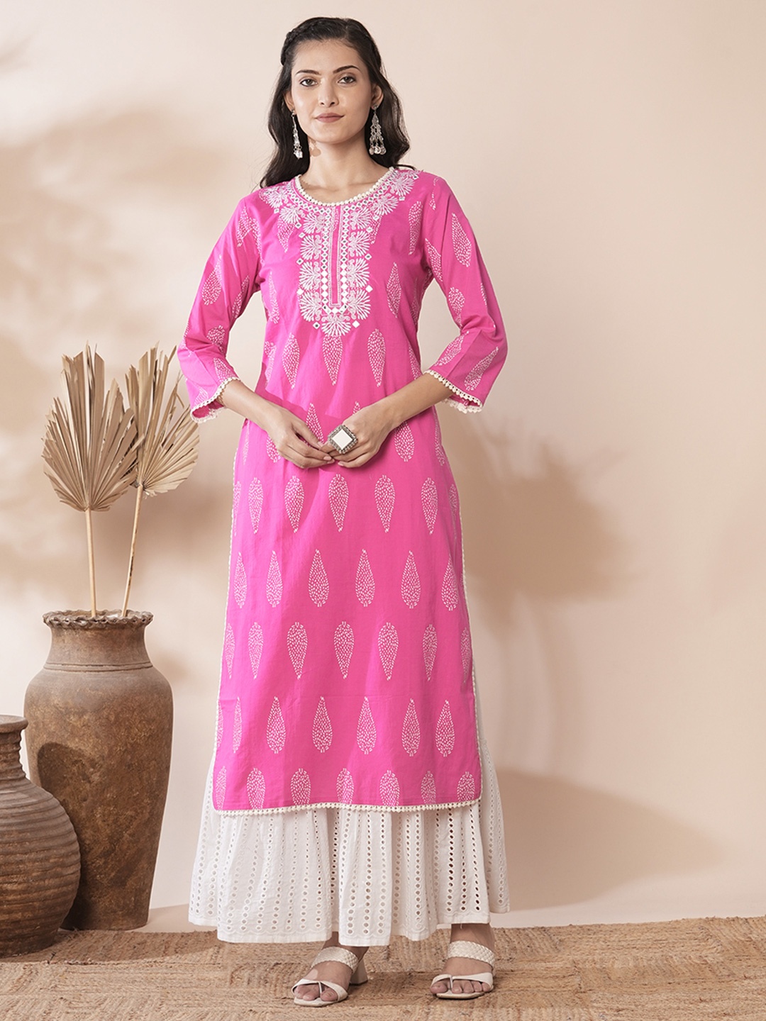 

FASHOR Floral Yoke Design Round Neck Mirror Work Cotton Straight Kurta, Pink