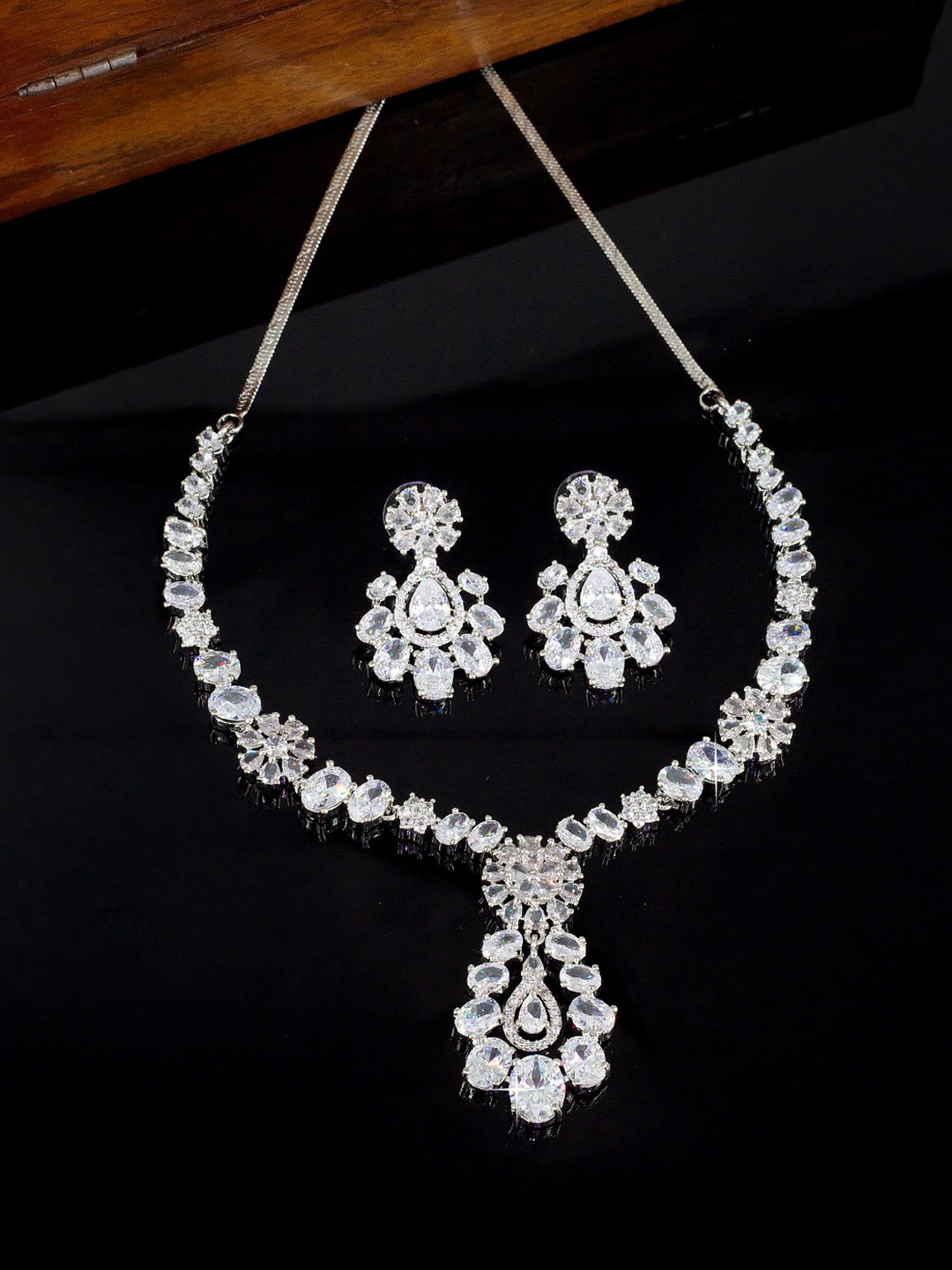 

PRIVIU Silver-Plated American Diamond Stone Studded Jewellery Set