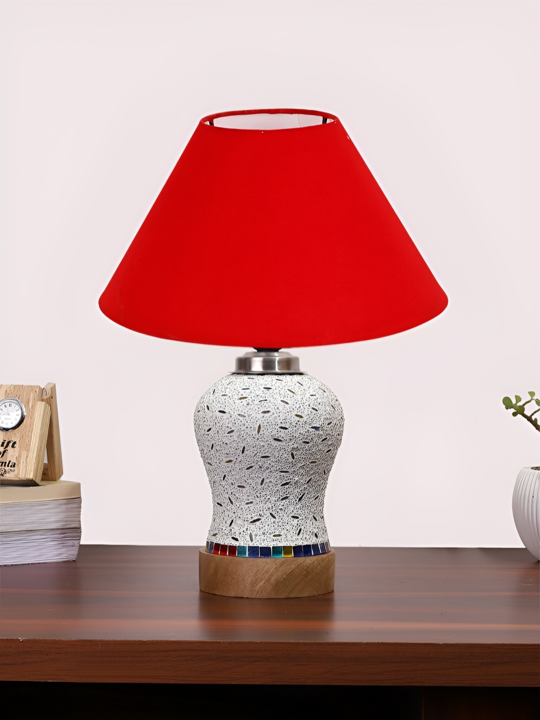 

Devansh Red & White Printed Frustum Shaped Wooden Table Lamp