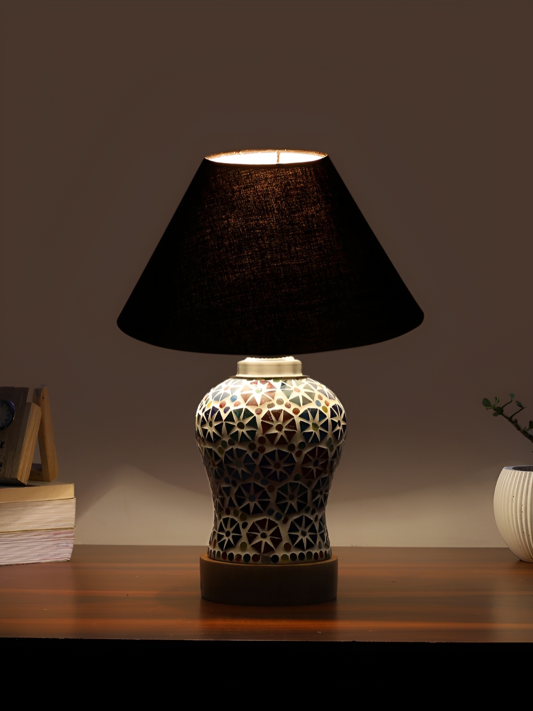 

Devansh Black Printed Wooden Frustum Shaped Table Lamp With Mosaic Glass Base