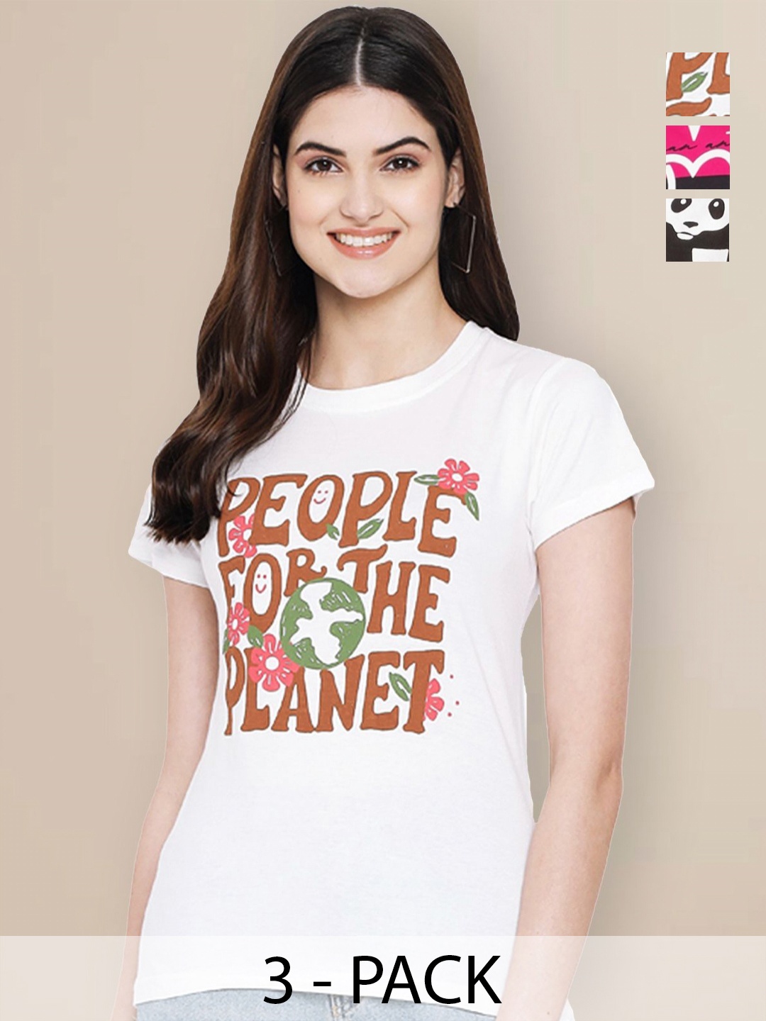 

GLOBAL NOMAD Women Pack of 3 Typography Printed Round Neck Cotton T-shirts, White