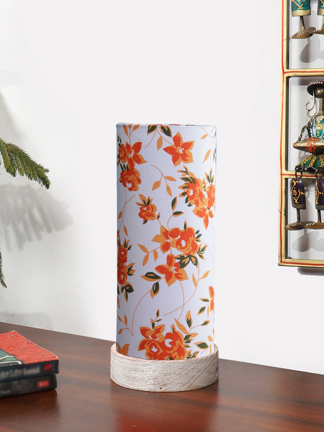 

Devansh White & Orange Floral Printed Wooden Contemporary Cylindrical Shaped Table Lamp