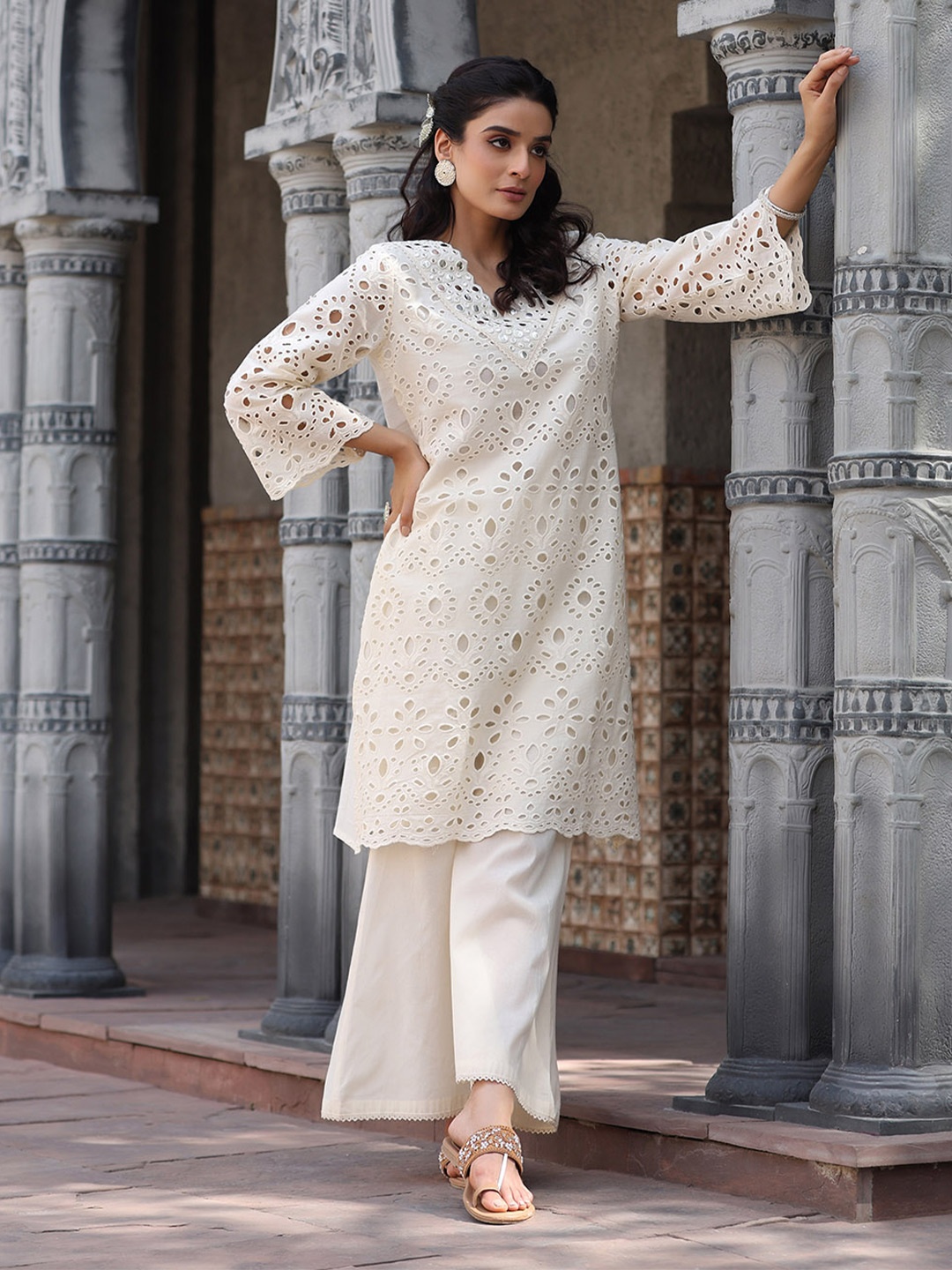 

all about you Self Design Mirror Work Pure Cotton Kurta With Trousers, Off white