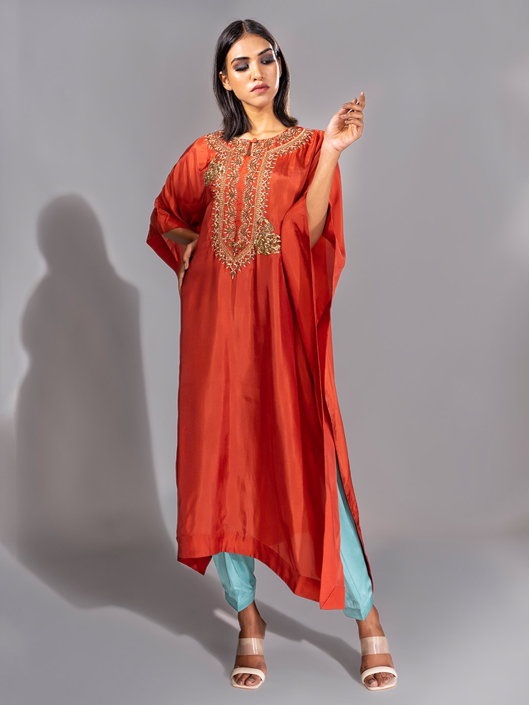 

Shruti S Floral Yoke Design Zardozi Pure Silk Kaftan Kurta With Trousers, Orange