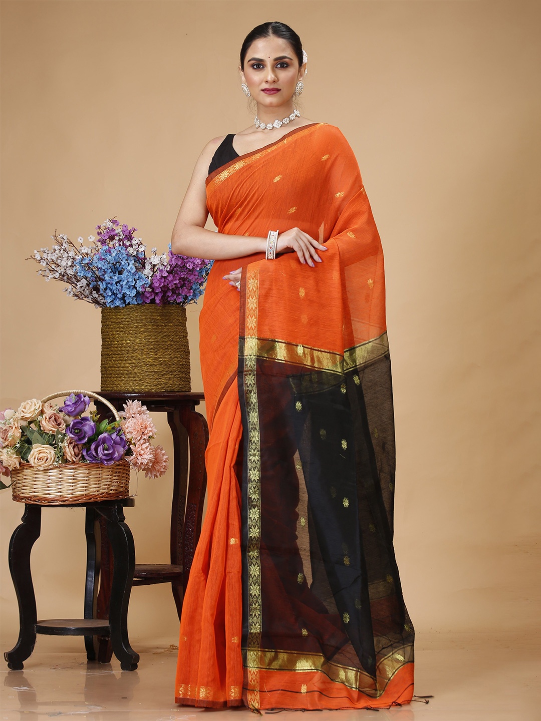 

SLAGHA Woven Design Zari Silk Cotton Taant Saree, Orange