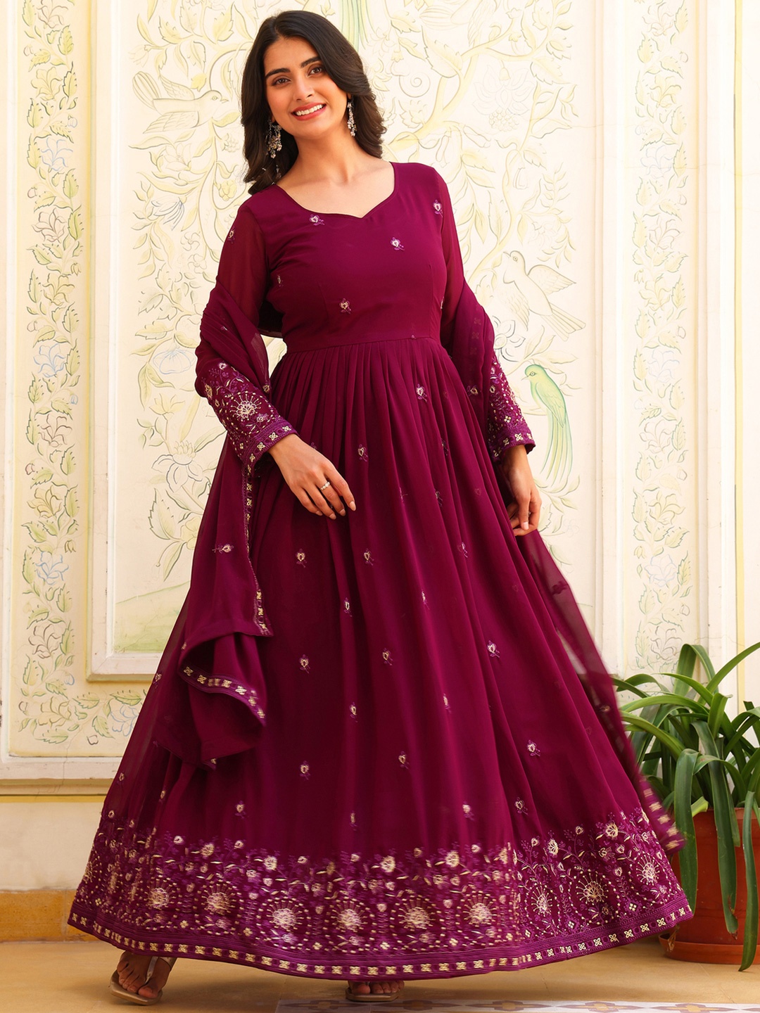 

KALINI Floral Embroidered Sweetheart Neck Silk Georgette Kurta With Trouser & Dupatta, Purple