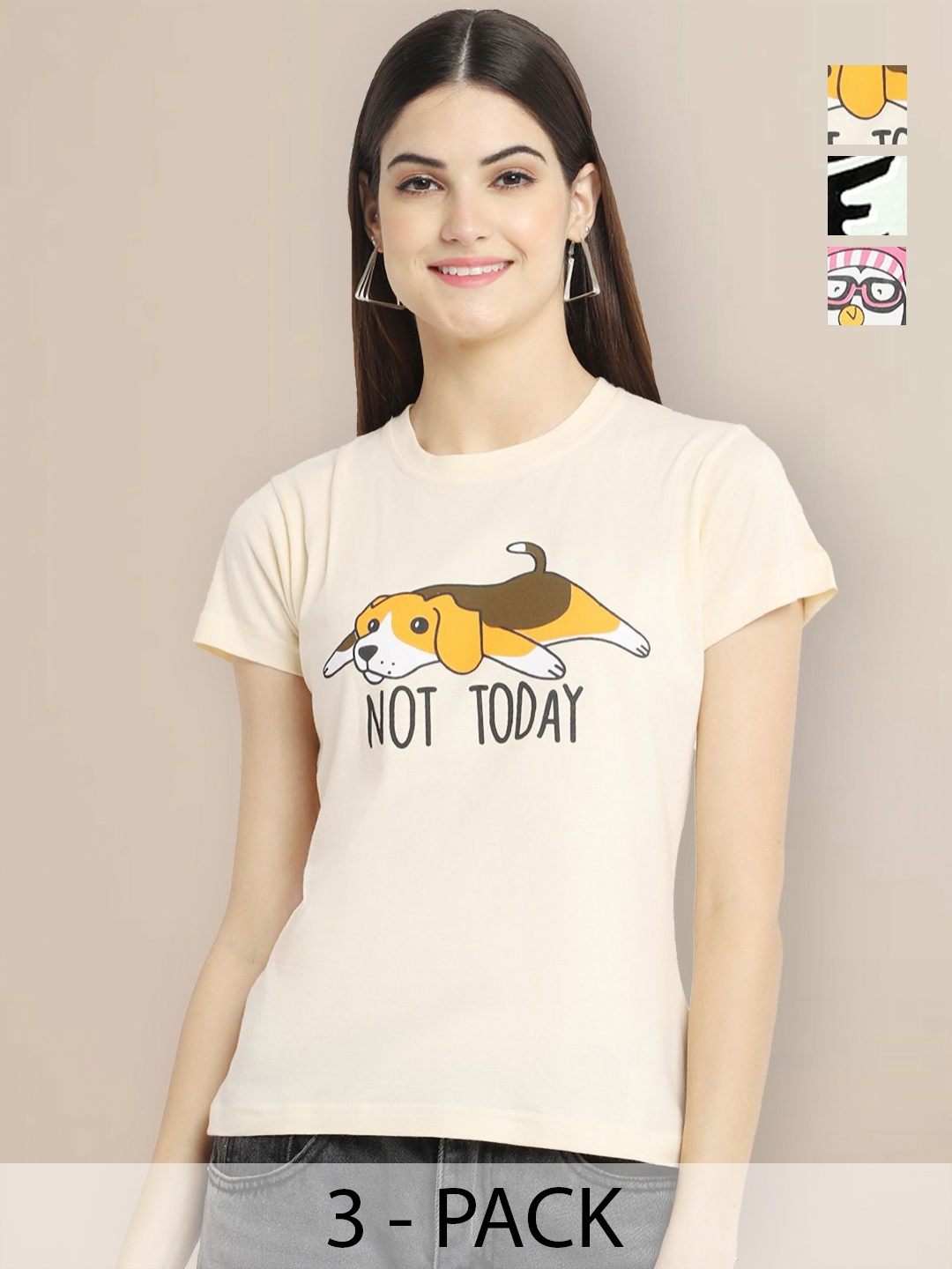 

GLOBAL NOMAD Women Pack of 3 Graphic Printed Round Neck Cotton T-shirts, Cream