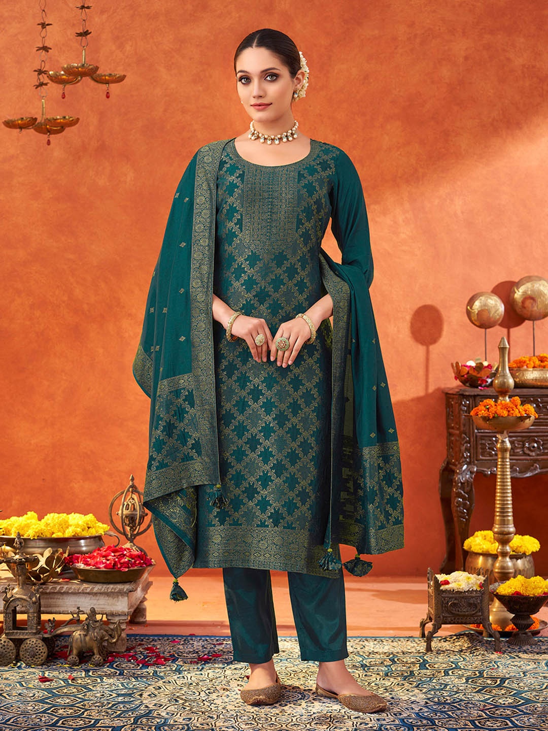 

DIVASTRI Woven Design Round Neck Pure Cotton Straight Kurta With Trousers & Dupatta, Green