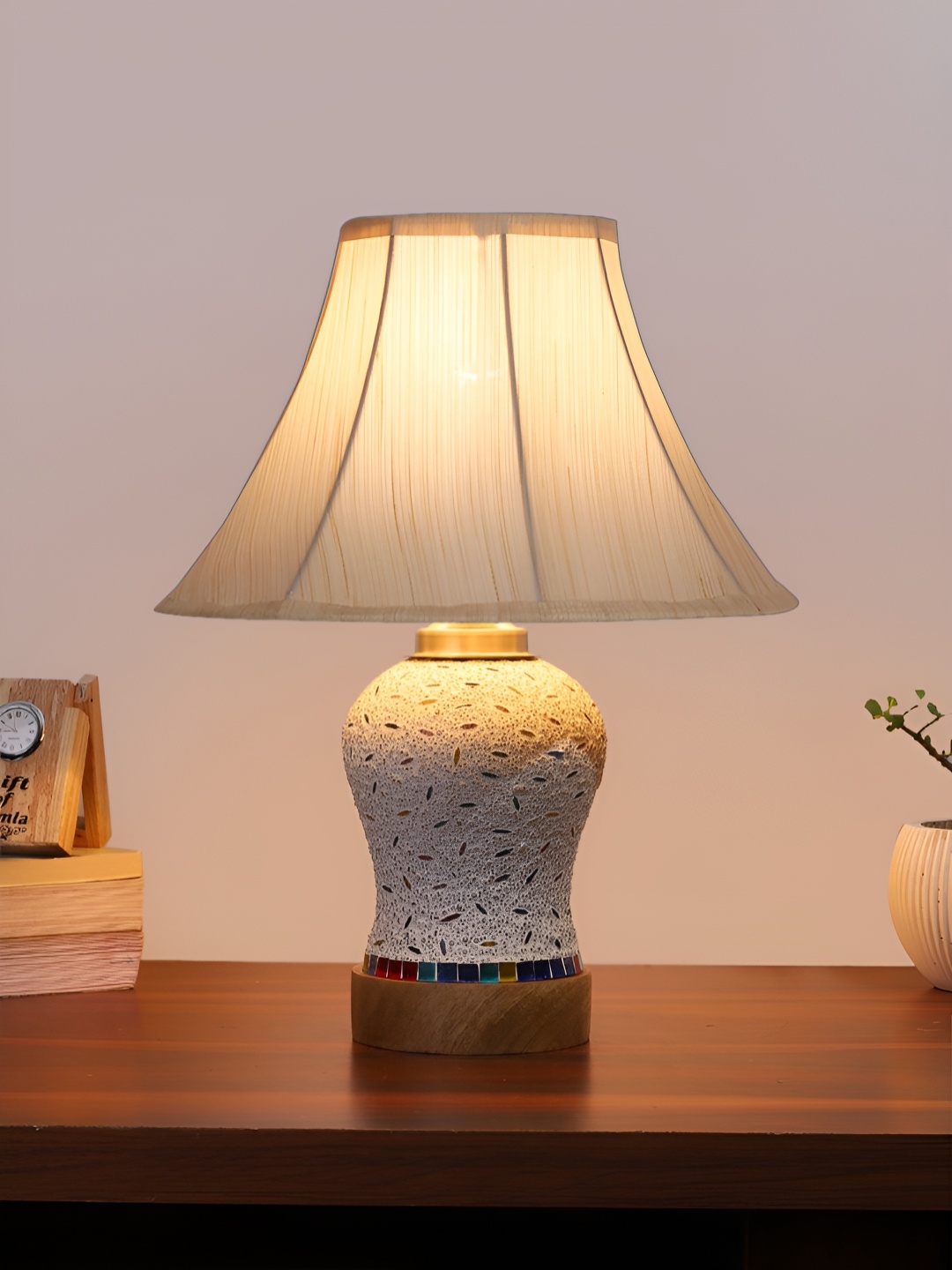 

Devansh Off White & Blue Textured Frustum Shaped Wooden Table Lamp