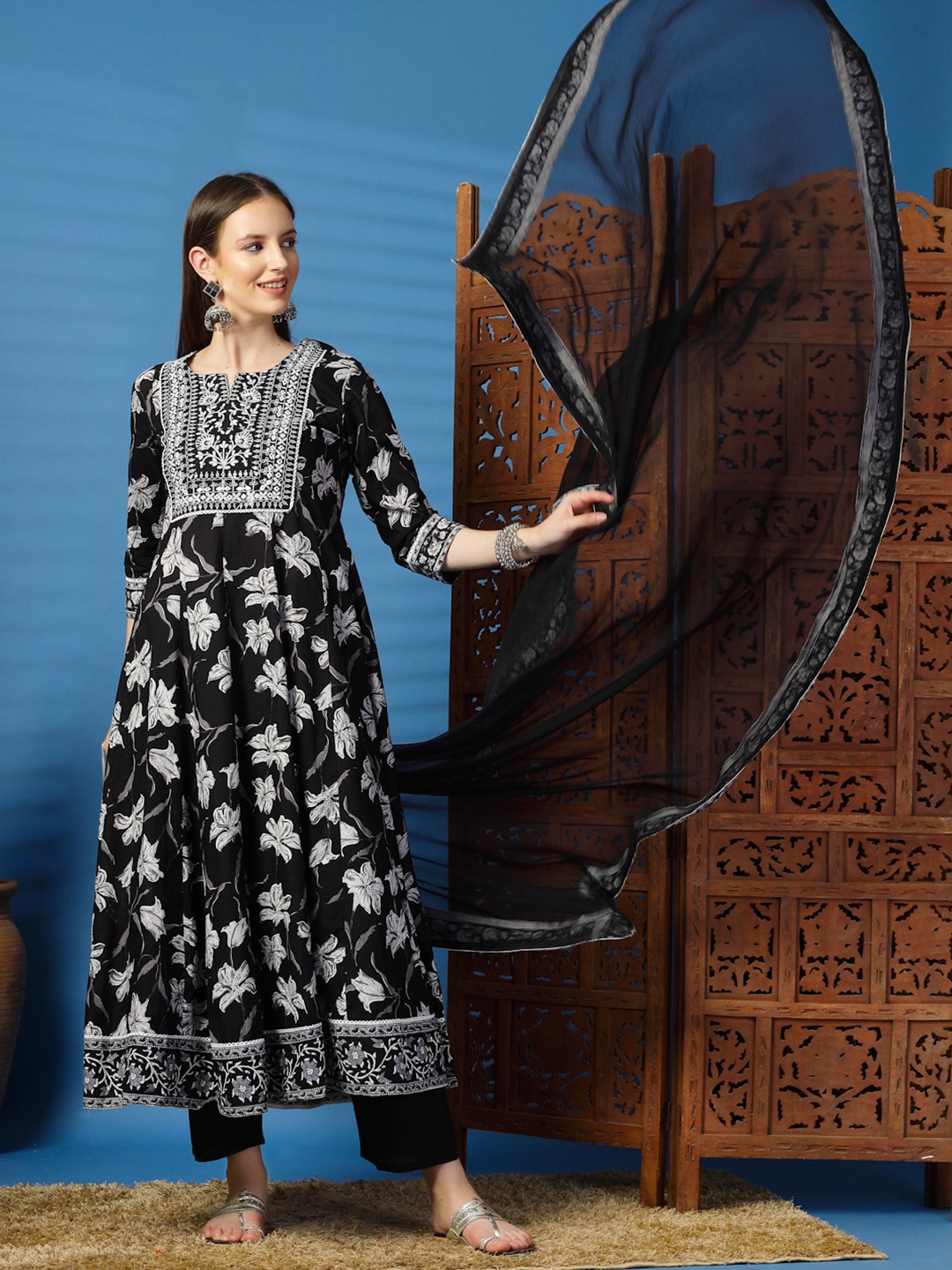 

Sangria Floral Embroidered Pure Cotton Anarkali Kurta With Trouser & Dupatta, Black