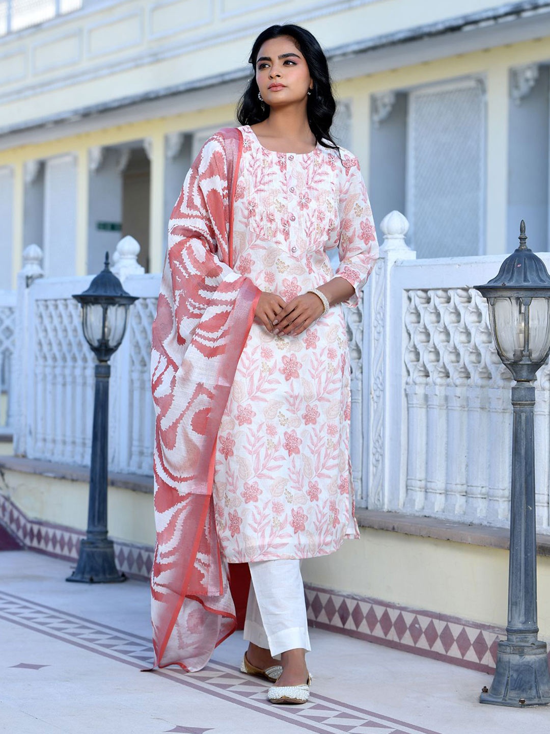 

VAASVA JAIPUR Floral Printed Mirror Work Linen Kurta With Trousers & Dupatta, Cream