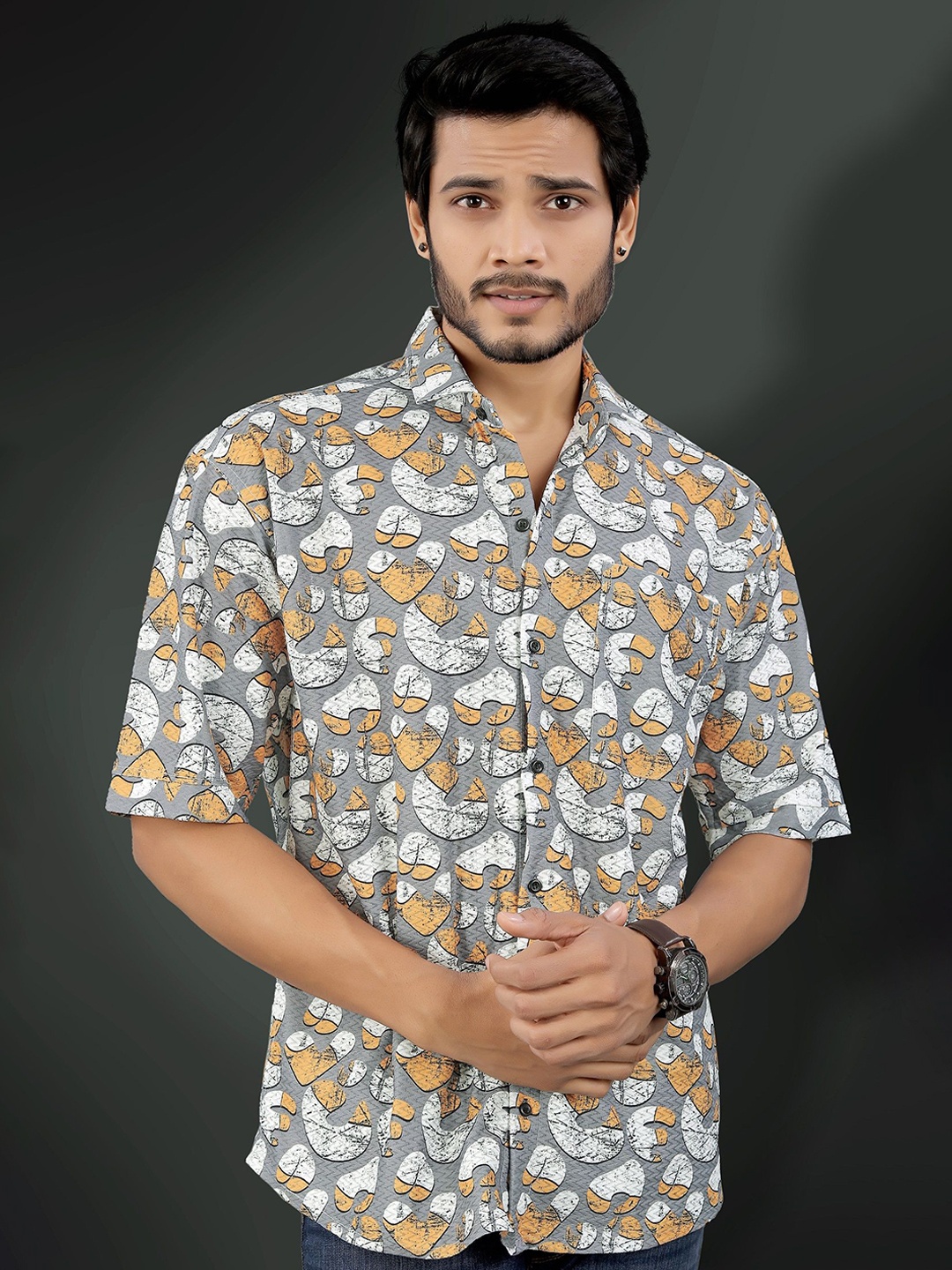 

Metronaut Men Semi Sheer Printed Casual Shirt, Mustard