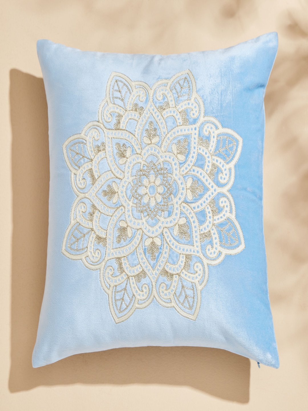 

Home Centre Endura Blue & White Floral Embroidered Velvet Square Cushion Cover