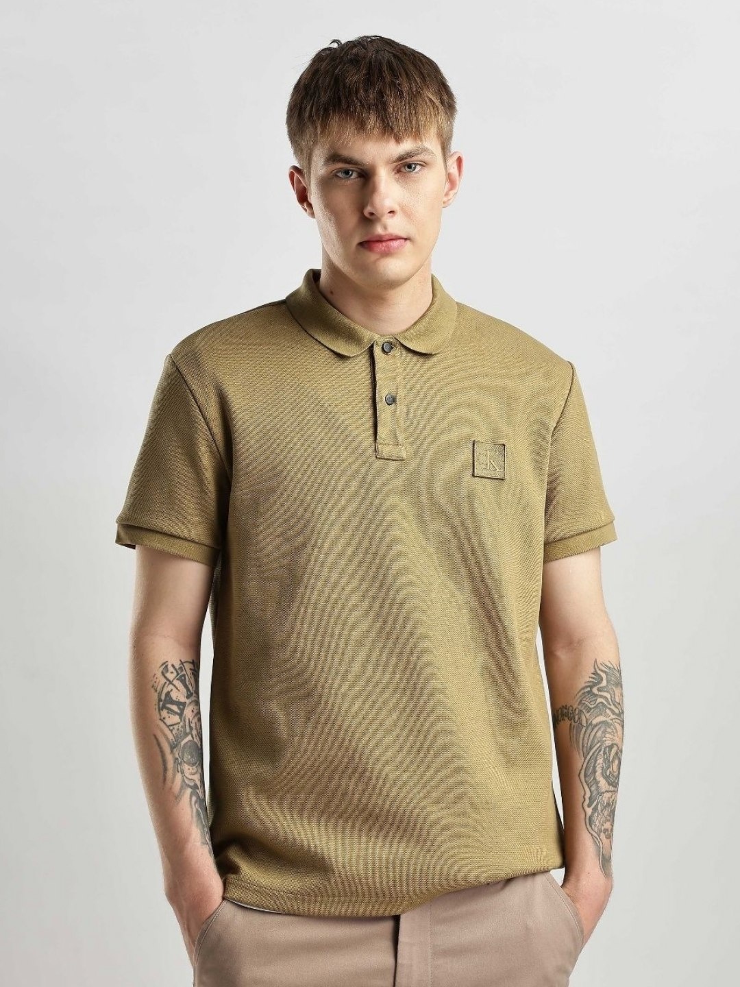 

Calvin Klein Jeans Men Brand Logo Printed Polo Collar T-shirt, Olive