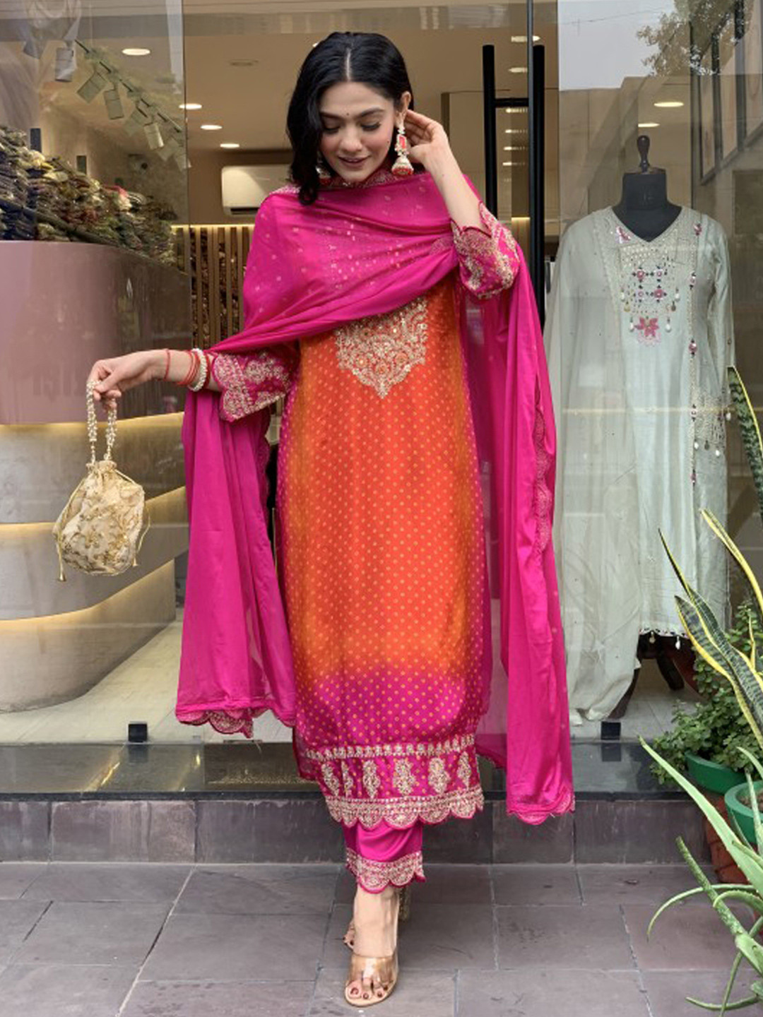 

BAESD Bandhani Printed Round Neck Sequinned Straight Kurta With Trouser & Dupatta, Orange