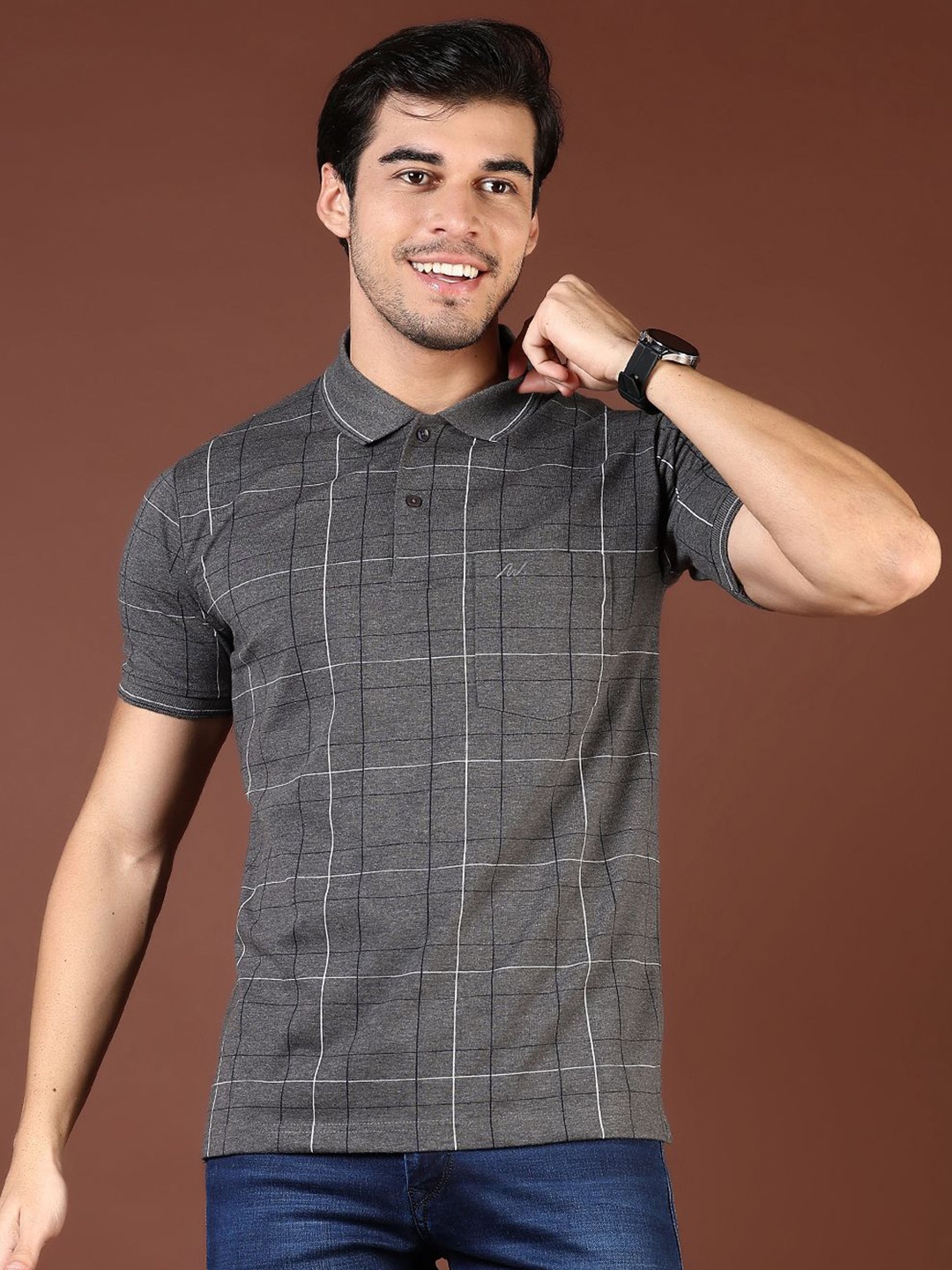 

V-Mart Men Checked Polo Collar Pockets T-shirt, Grey