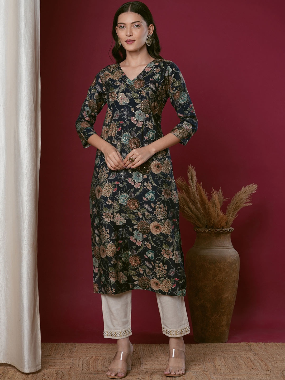 

FASHOR Floral Printed V-Neck Straight Kurta, Blue