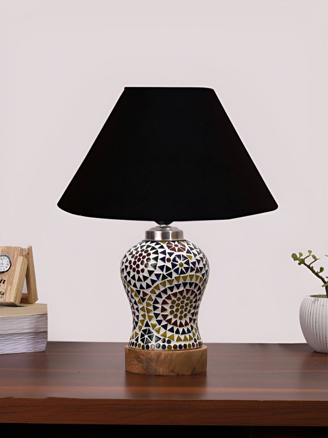 

Devansh Black Frustum Shaped Cotton Shade Table Lamp With Wooden Mosaic Glass Base