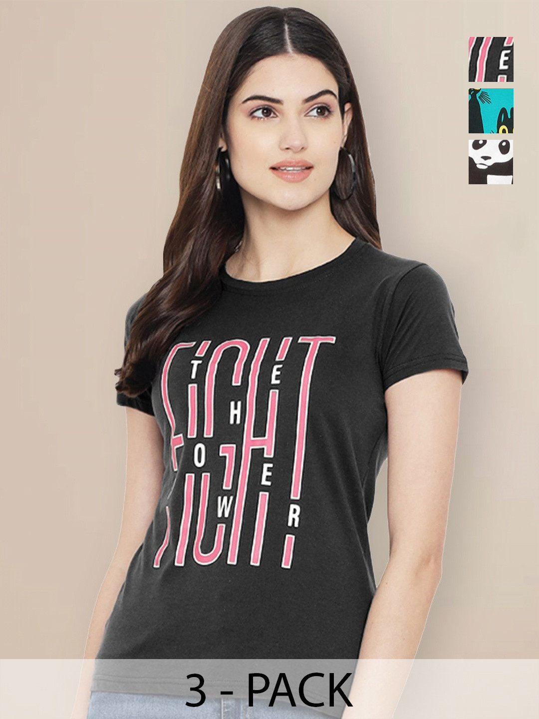 

GLOBAL NOMAD Women Pack of 3 Graphic Printed Round Neck Cotton T-shirts, Black