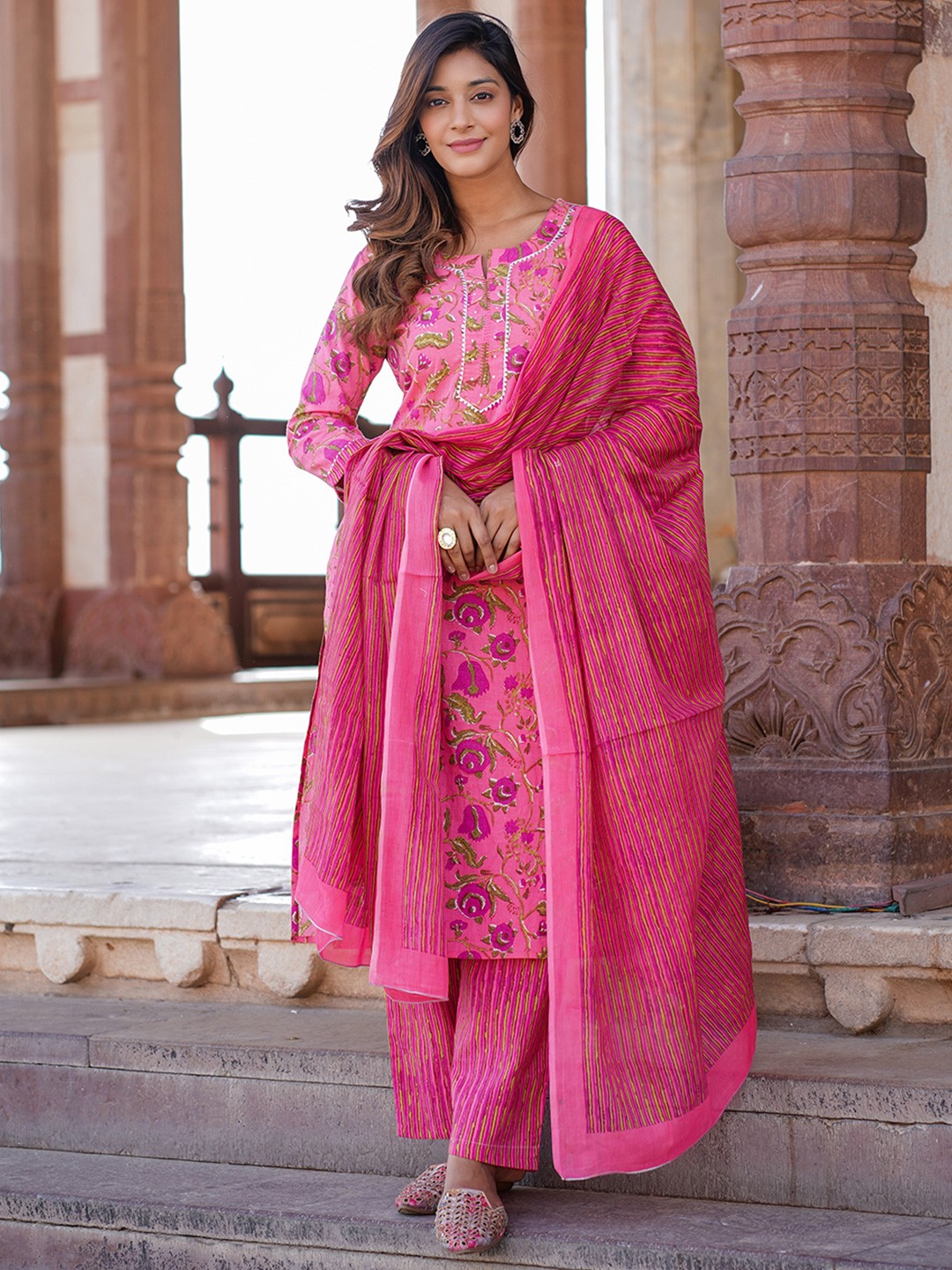 

KALINI Floral Printed Sequinned Notch Neck Pure Cotton Kurta With Trousers And Dupatta, Pink