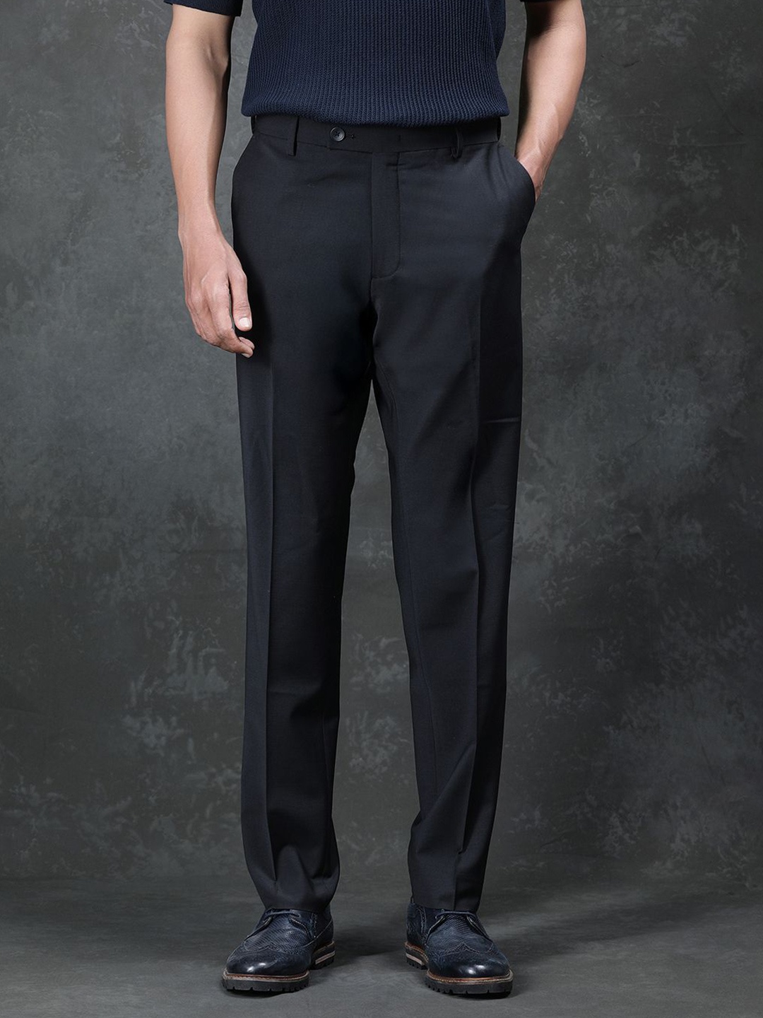 

RARE RABBIT Men Arlo Primary Black Mid Rise Trousers