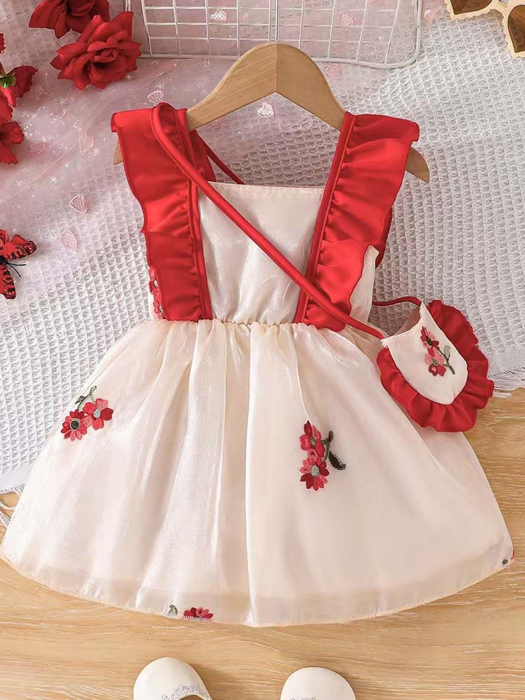 

Xsole Girls Embroidered Fit & Flare Dress with Bag, White