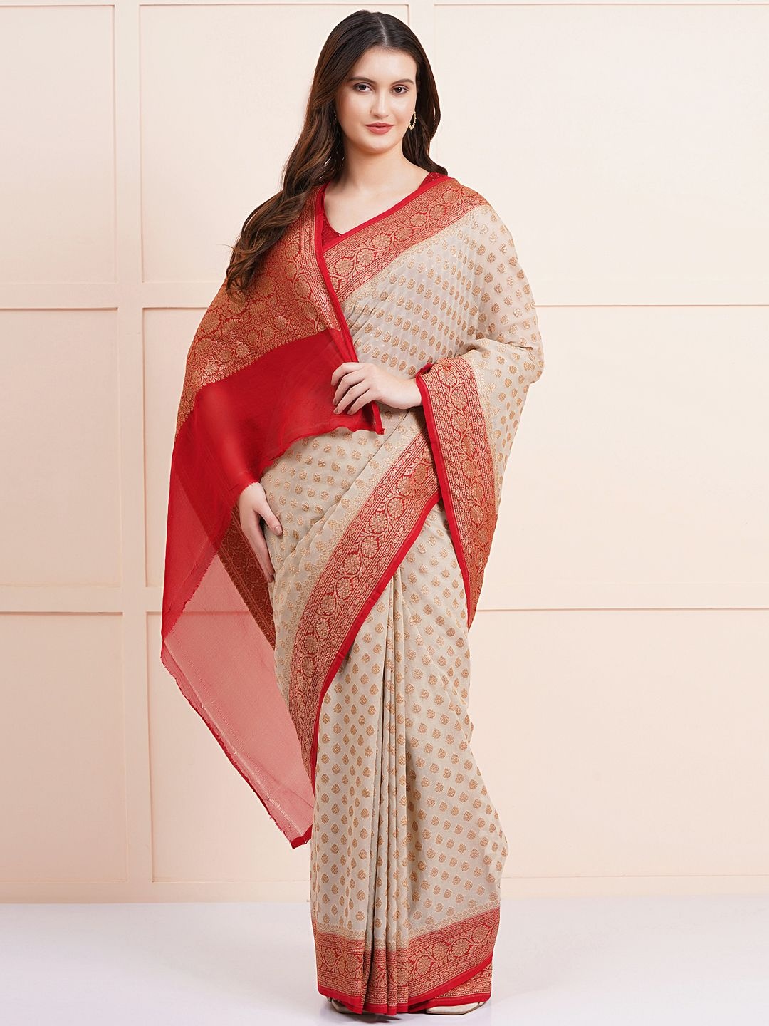 

SANJAR CREATION Ethnic Motifs Woven Design Zari Pure Georgette Saree, Cream