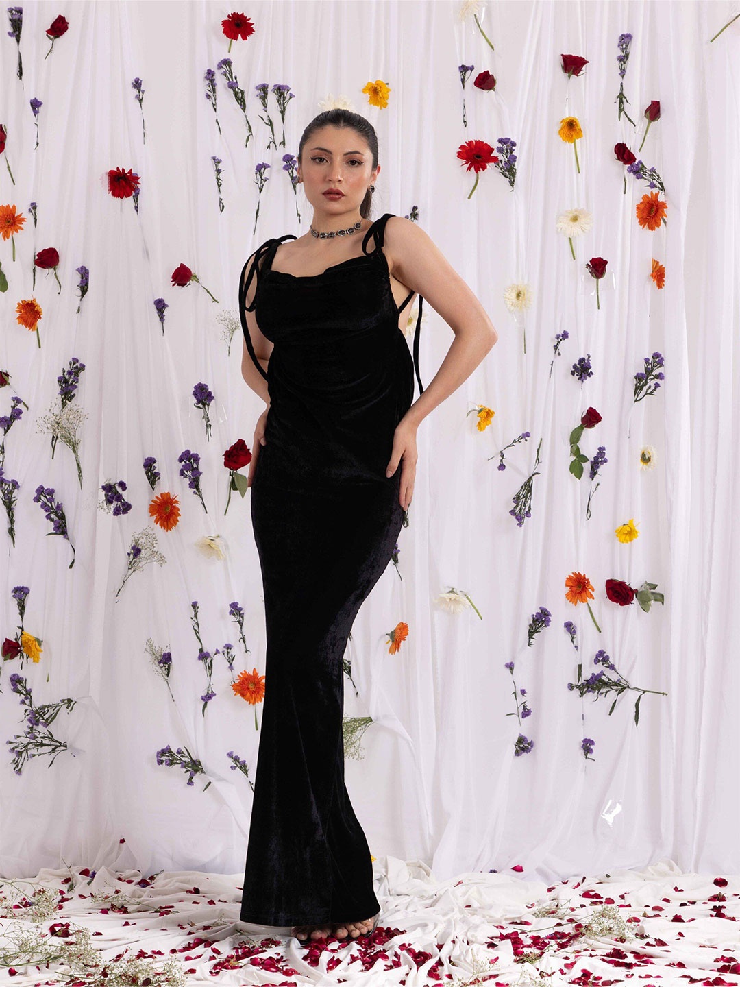 

BAESD Floral Print Velvet Maxi Dress, Black